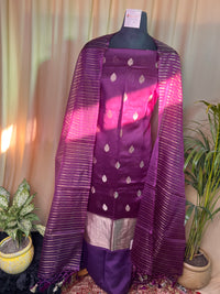 Purple Banarasi Silk Unstitched Suit with Zari Work & Organza Dupatta