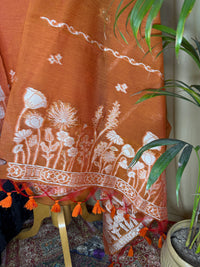 Rust Orange Linen Cotton Suit with Woven Floral Border & Tassel Dupatta