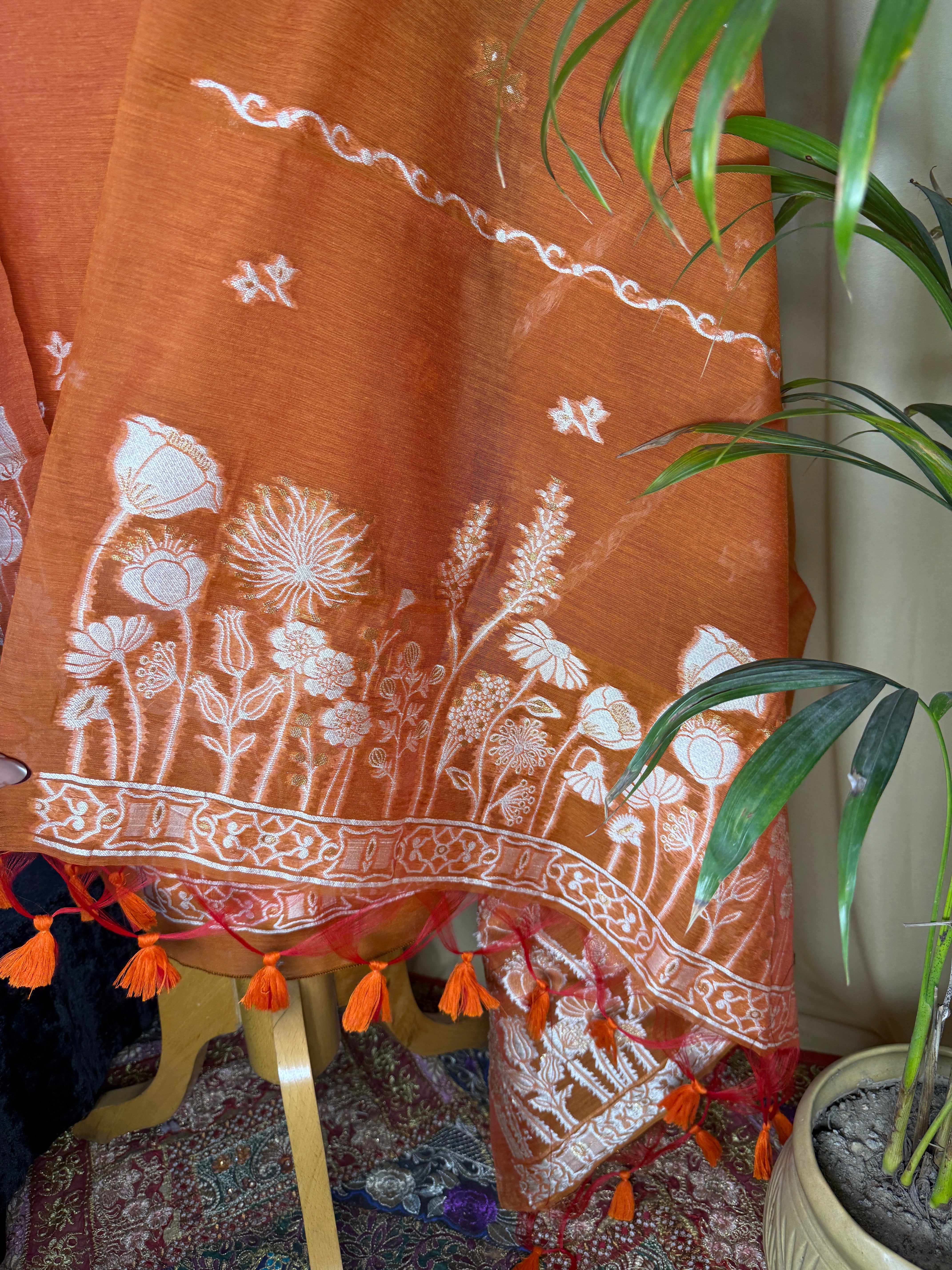Rust Orange Linen Cotton Suit with Woven Floral Border & Tassel Dupatta