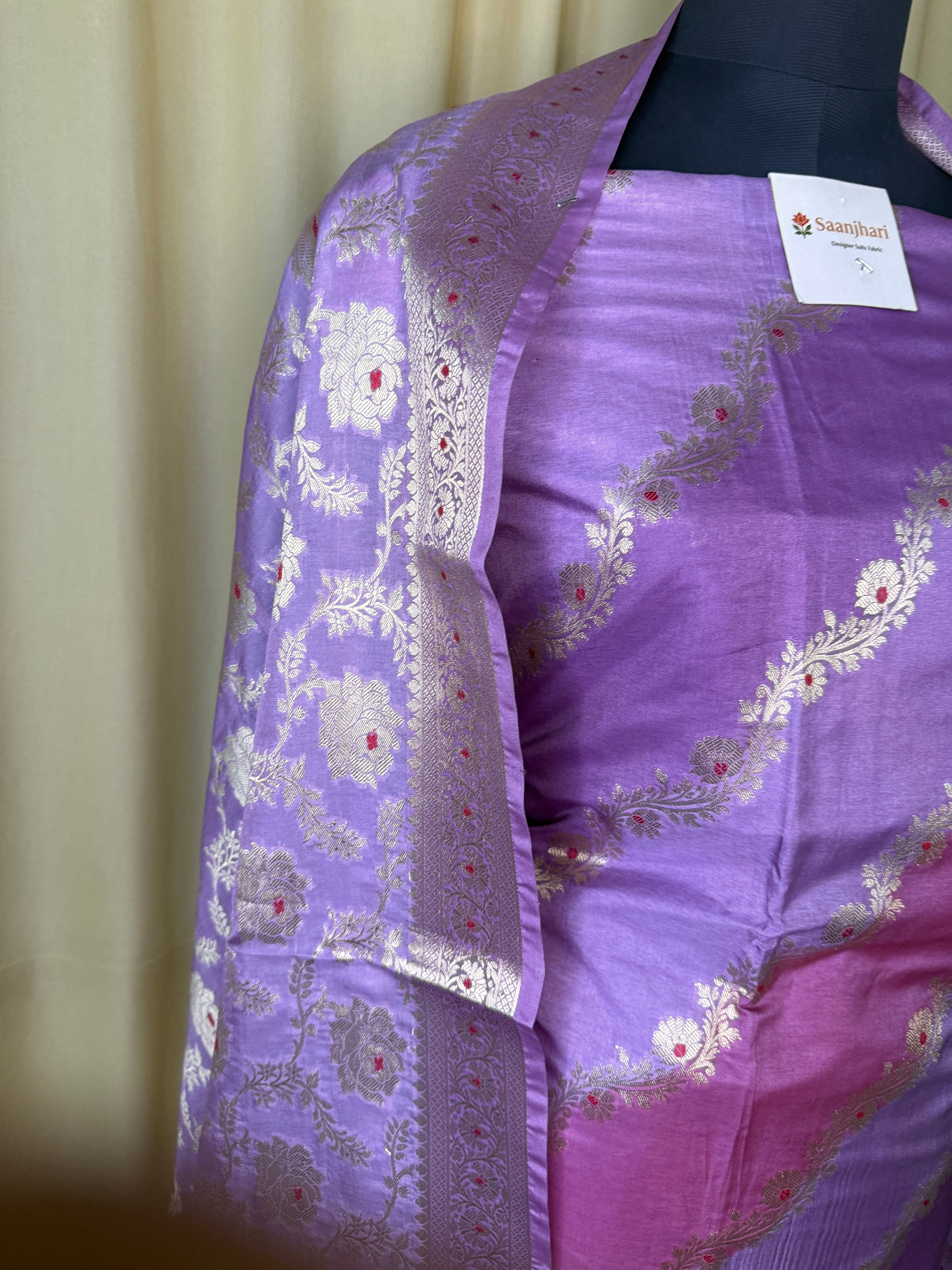 Lavender Banarasi Silk Suit with Fine Zari Floral Pattern and Matching Dupatta