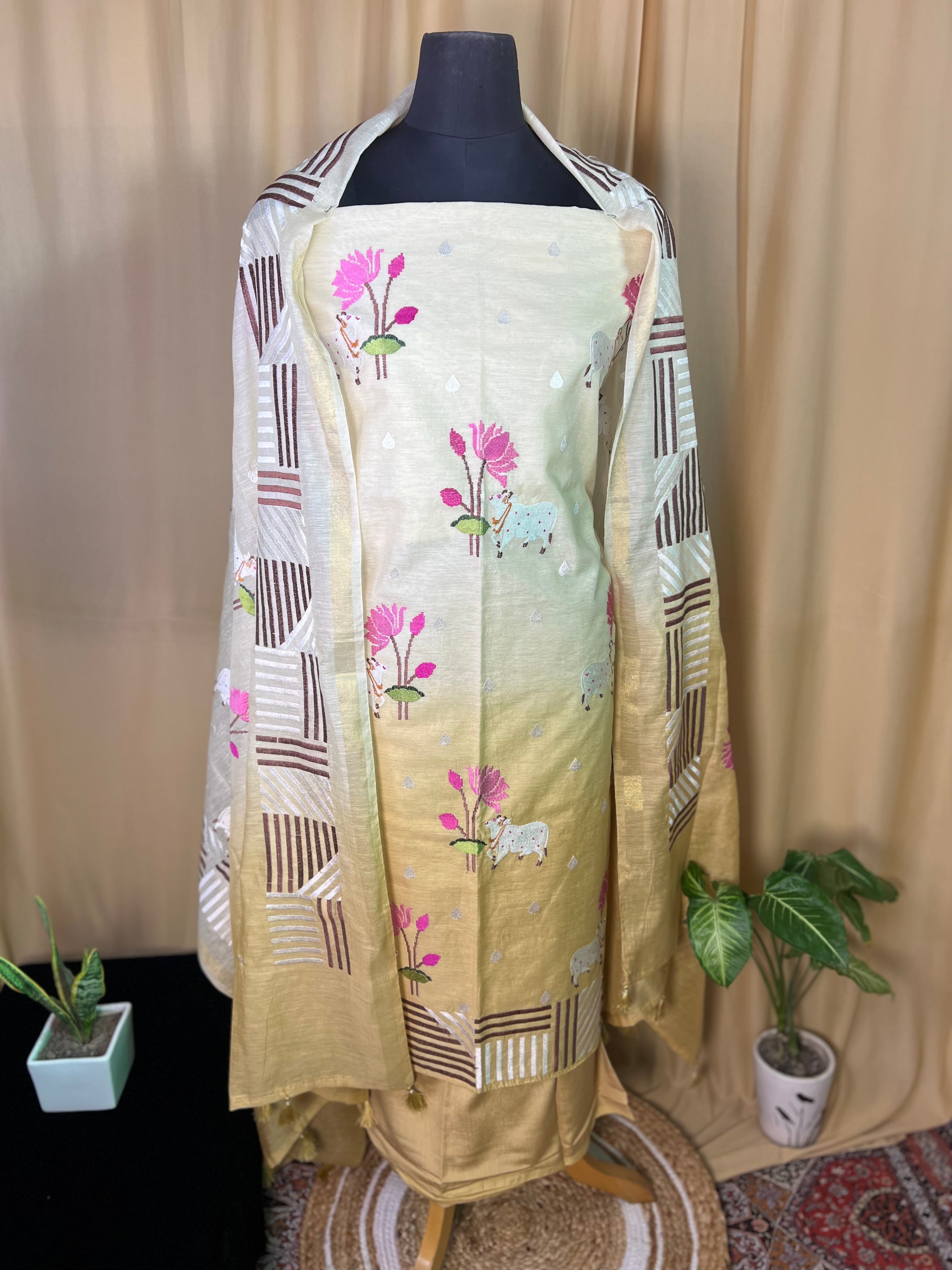 Ivory Chanderi Silk Suit with Floral Embroidery & Designer Dupatta