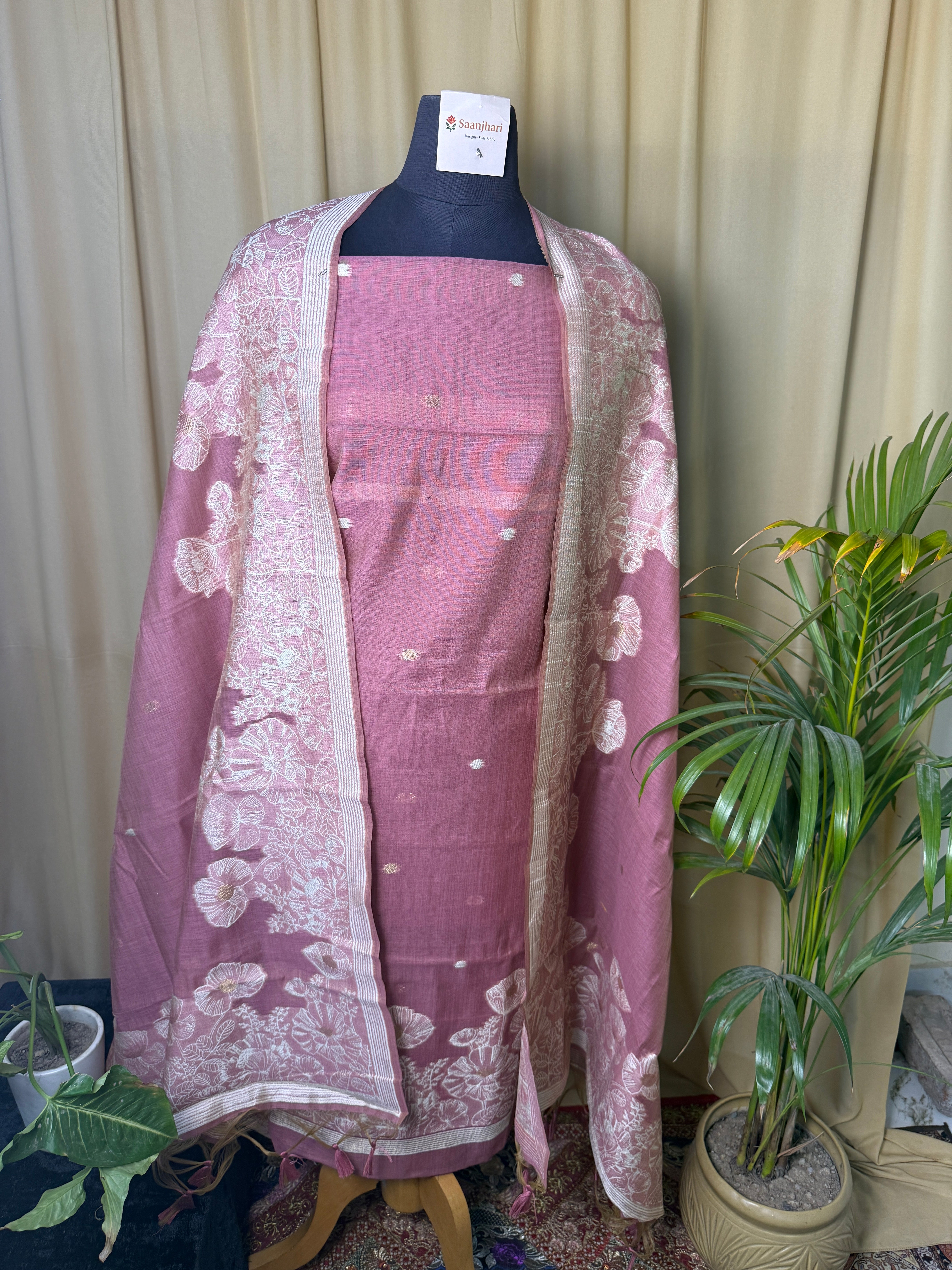 Dusty Rose Linen Cotton Suit with Floral Woven Dupatta – Light & Elegant Choice