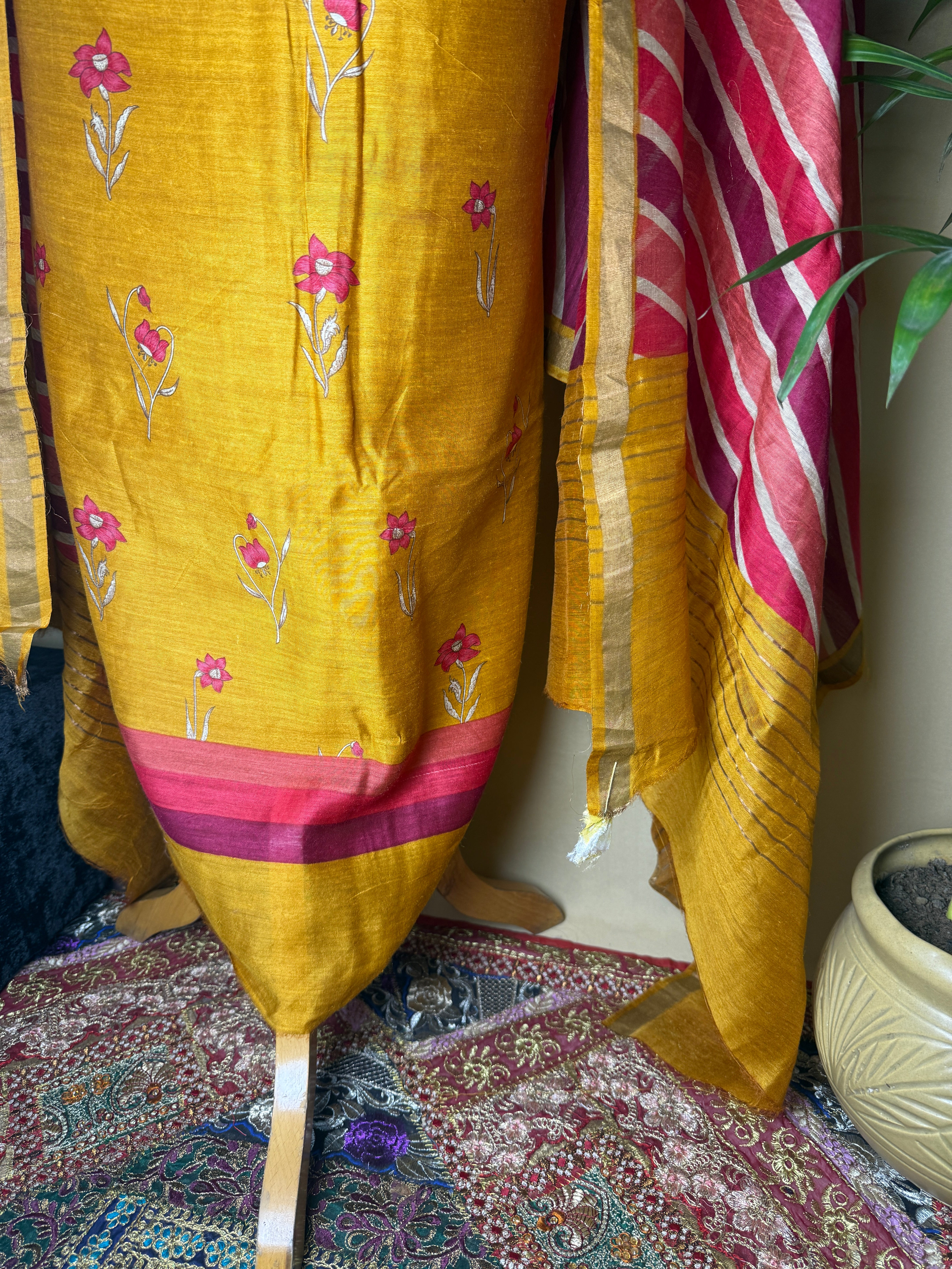 Mustard Tussar Silk Suit with Floral Print & Striped Dupatta