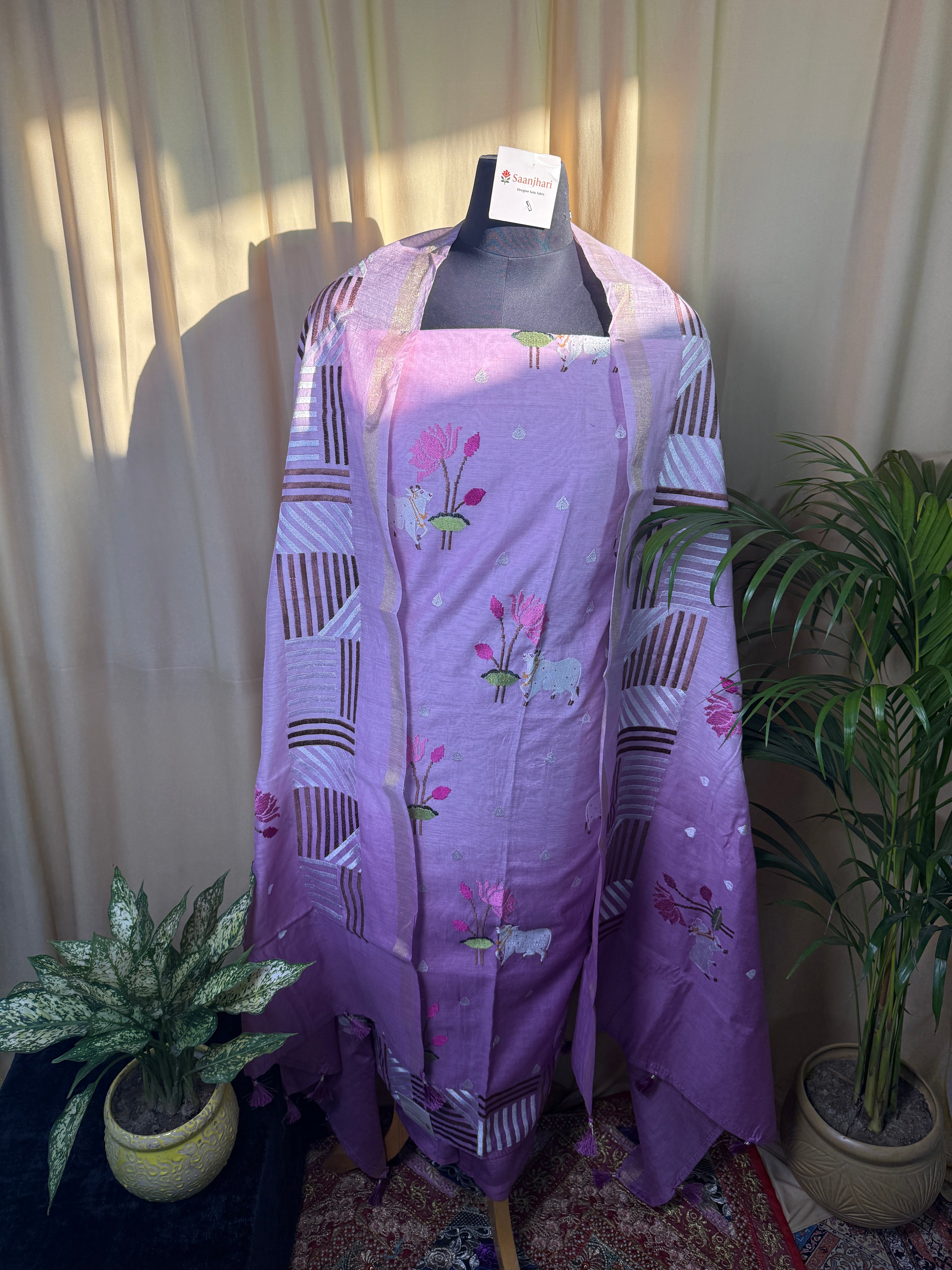 Lavender Chanderi Silk Suit with Floral Thread Art Work