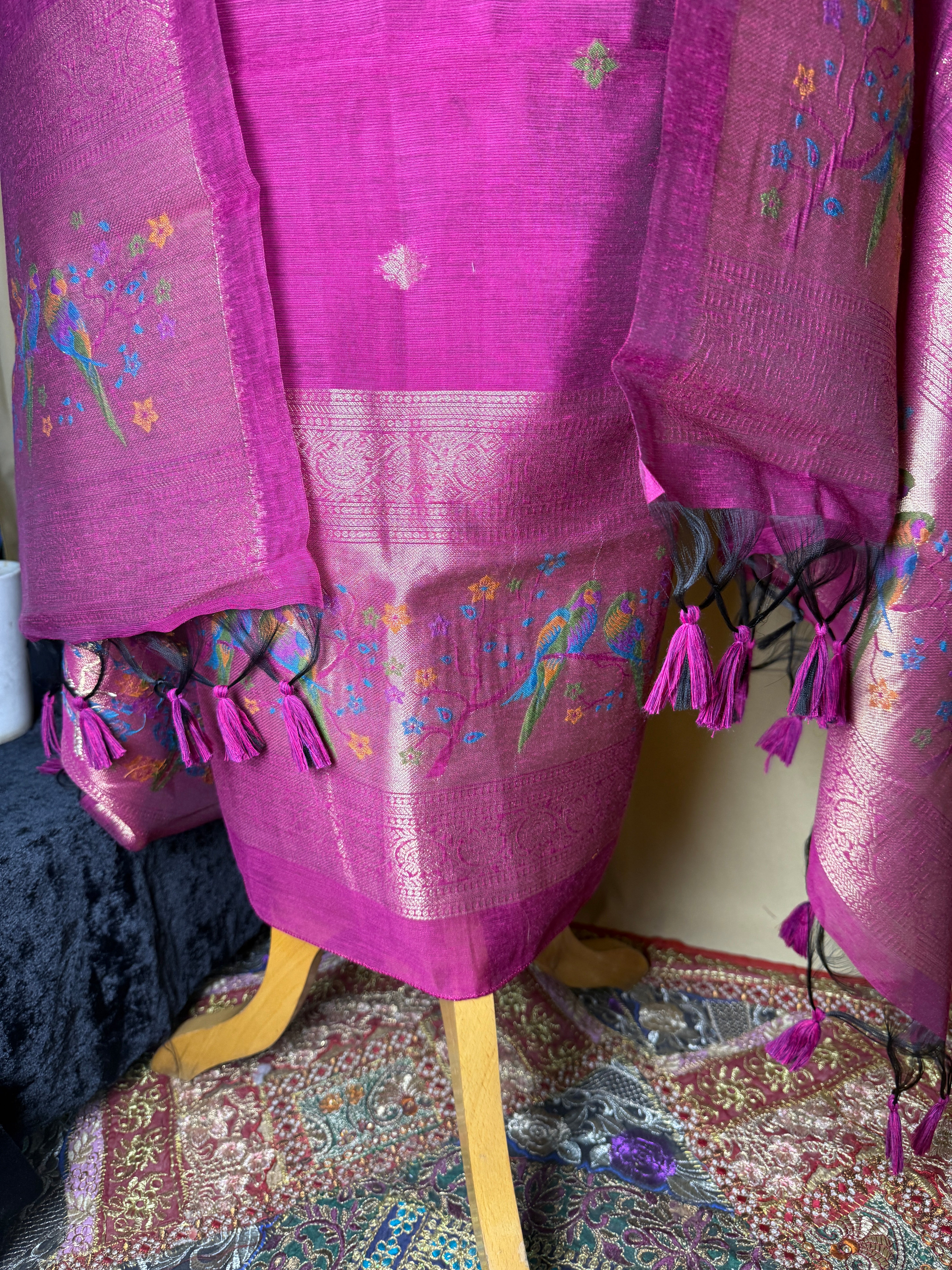 Royal Magenta Chanderi Silk Unstitched Suit – Festive Luxury Set