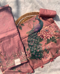 Premium Chanderi Silk Unstitched Suit Set – Soft Floral Print Fabric for Festive Wear