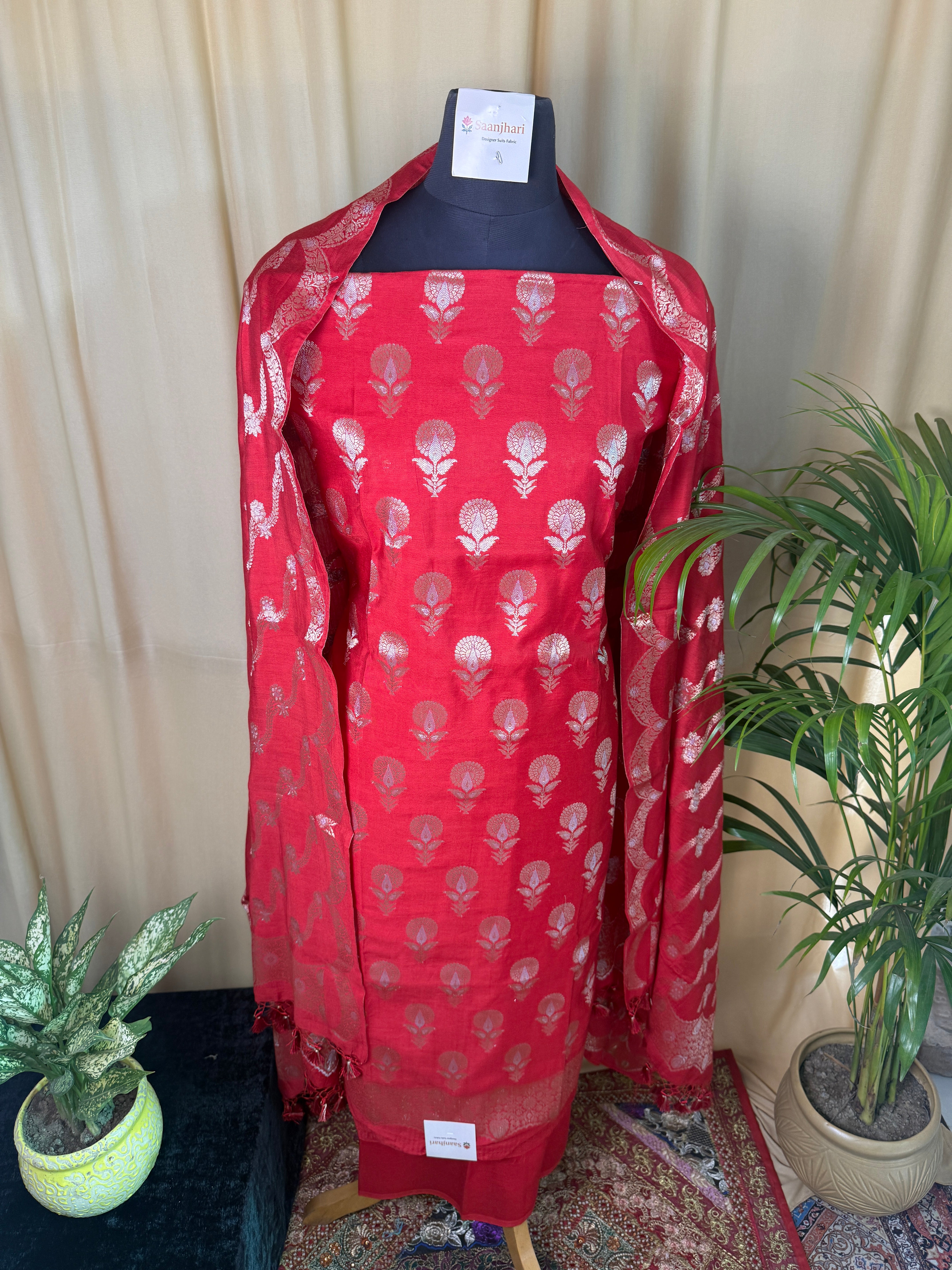 Red Banarasi Silk Suit with Zari Floral Work & Bandhani Dupatta