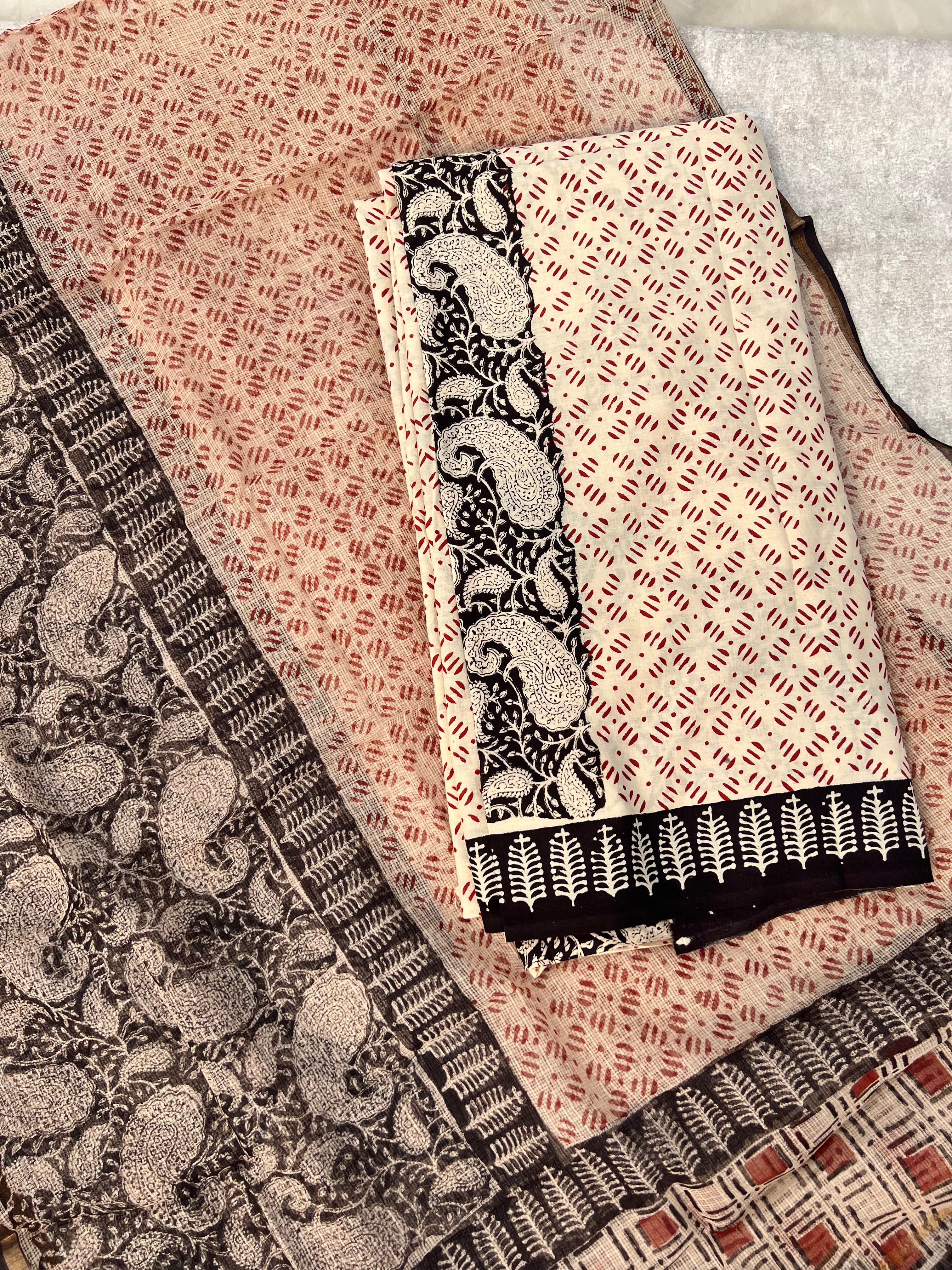 Pure Cotton Hand Block Print Unstitched Suit – Kota Doria Dupatta & Paisley Motifs