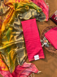 Handcrafted Chanderi Silk Dress Material – Pink & Yellow Tie-Dye Suit with Pure Chanderi Dupatta