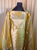 Golden Tissue Organza Suit Set with Zari Work & Matching Dupatta