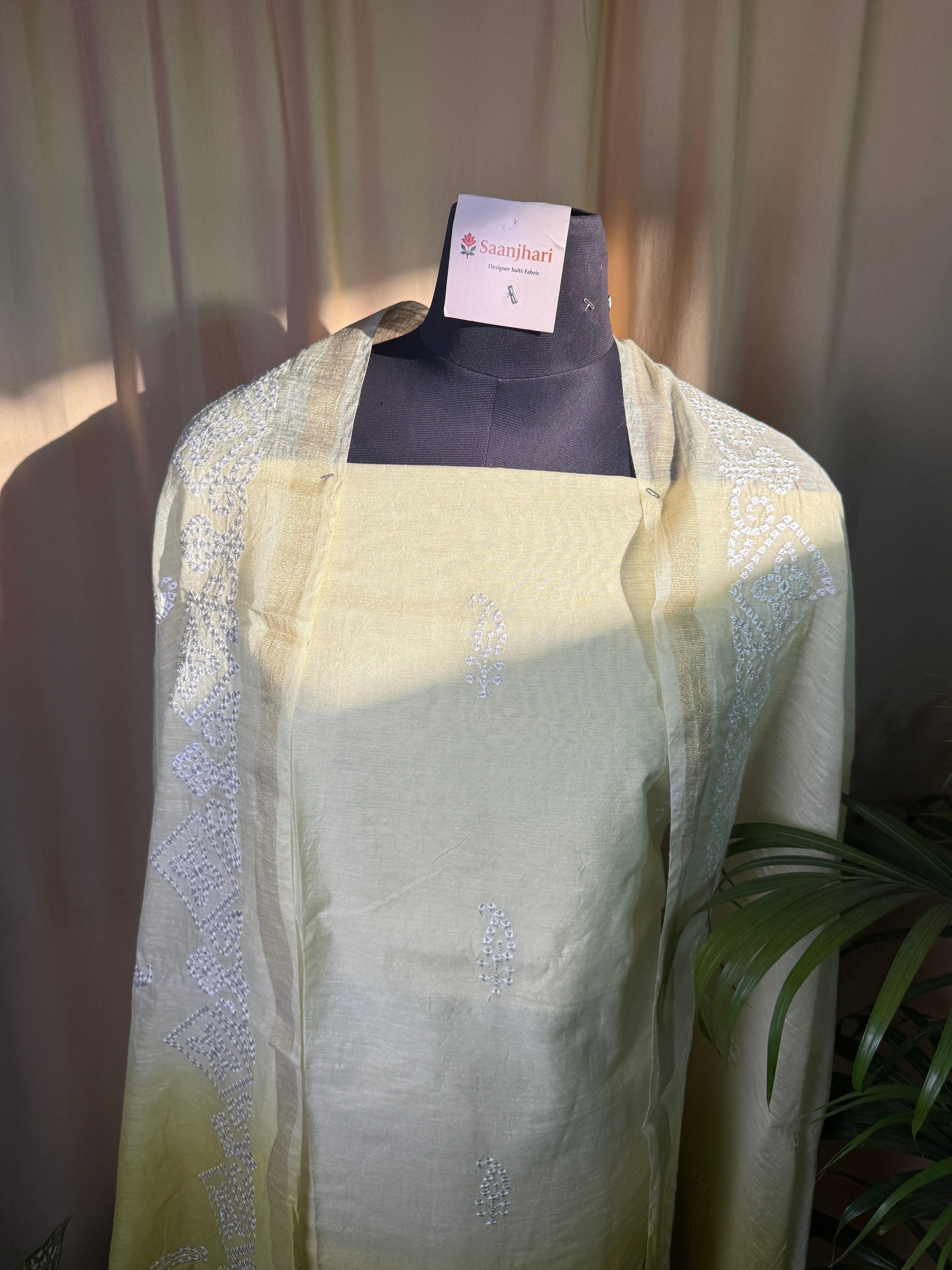 Yellow Linen Cotton Suit with Soft Thread Work