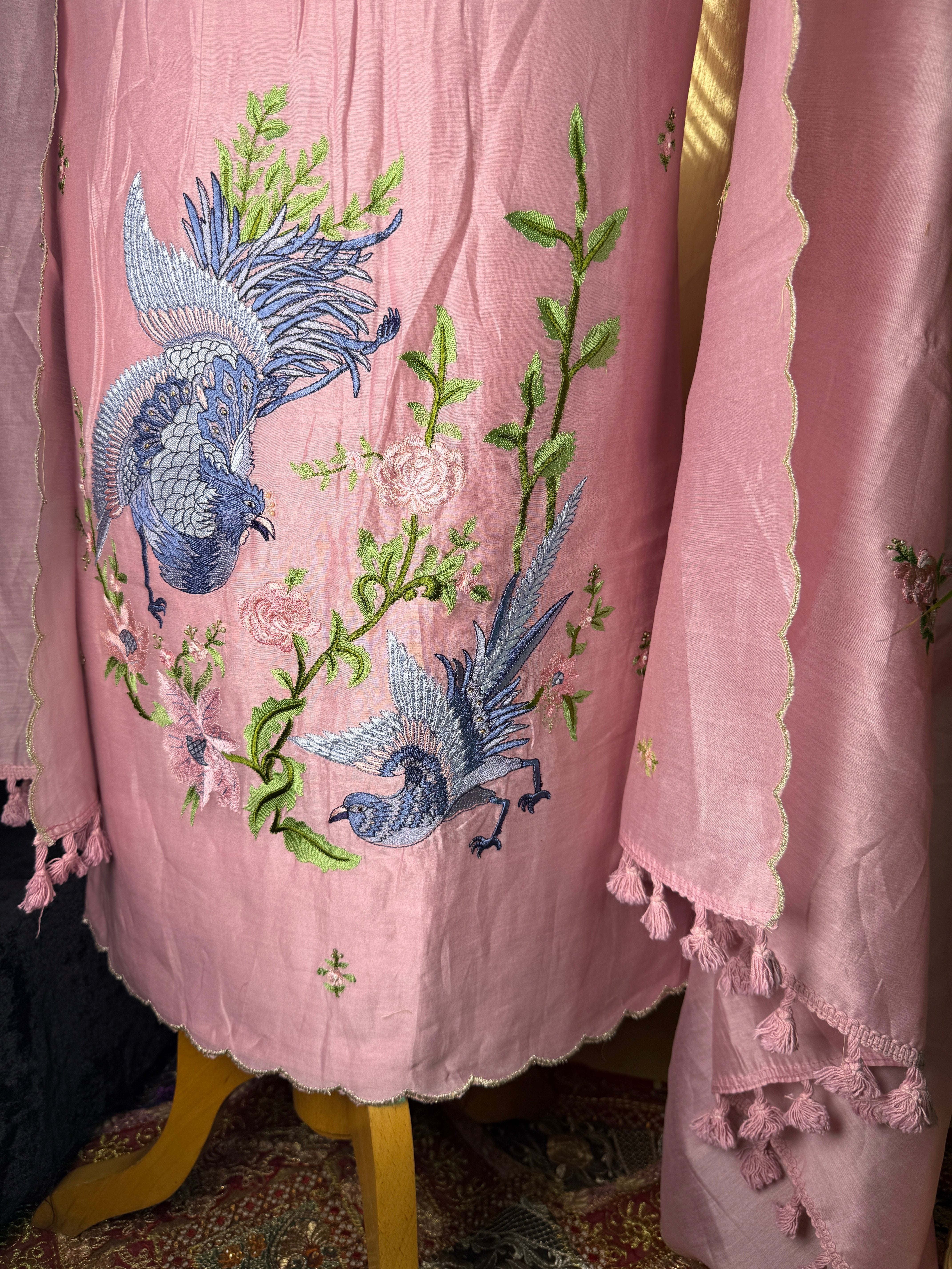 Blush Pink Mul Chanderi Unstitched Suit with Floral Thread Embroidery