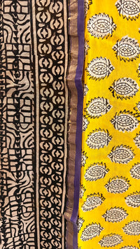 Chanderi Silk Unstitched Suit Set with Mustard & Black Block Print – Festive Ethnic Wear