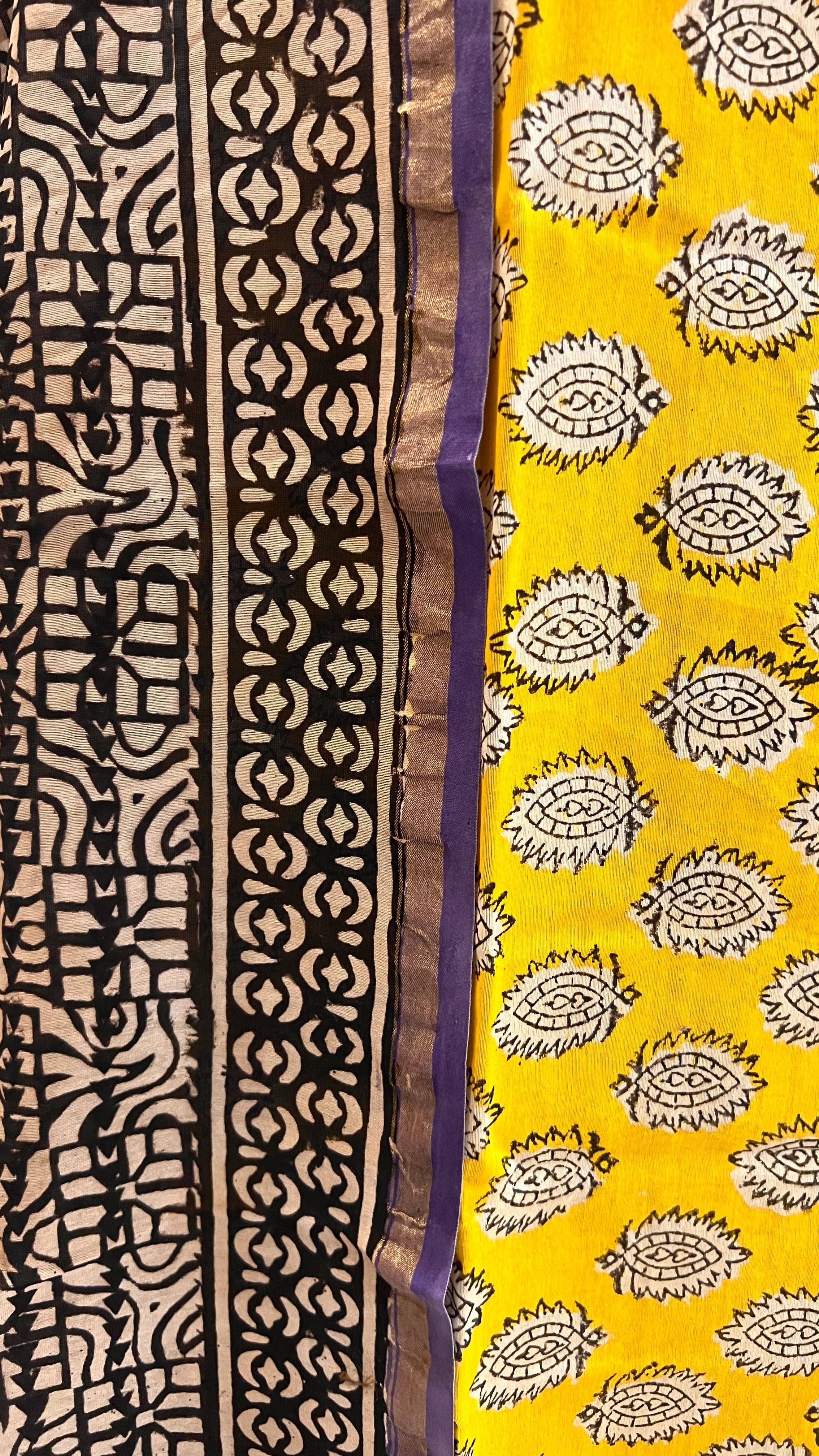 Chanderi Silk Unstitched Suit Set with Mustard & Black Block Print – Festive Ethnic Wear