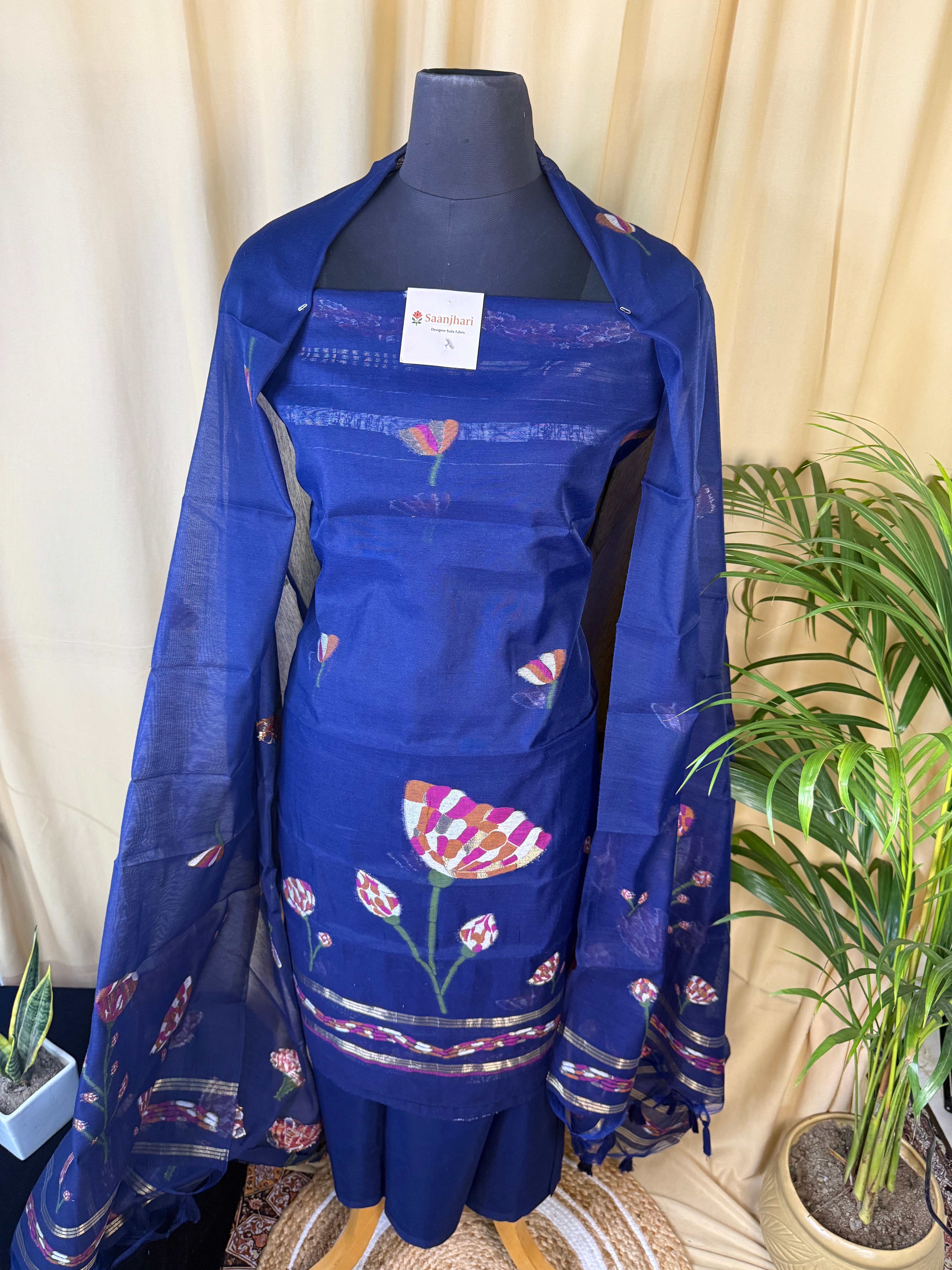 Royal Blue Linen Cotton Suit with Floral Thread Work and Matching Dupatta