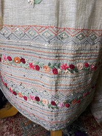 Soft Sage Linen Cotton Unstitched Suit with Floral Thread Work Dupatta