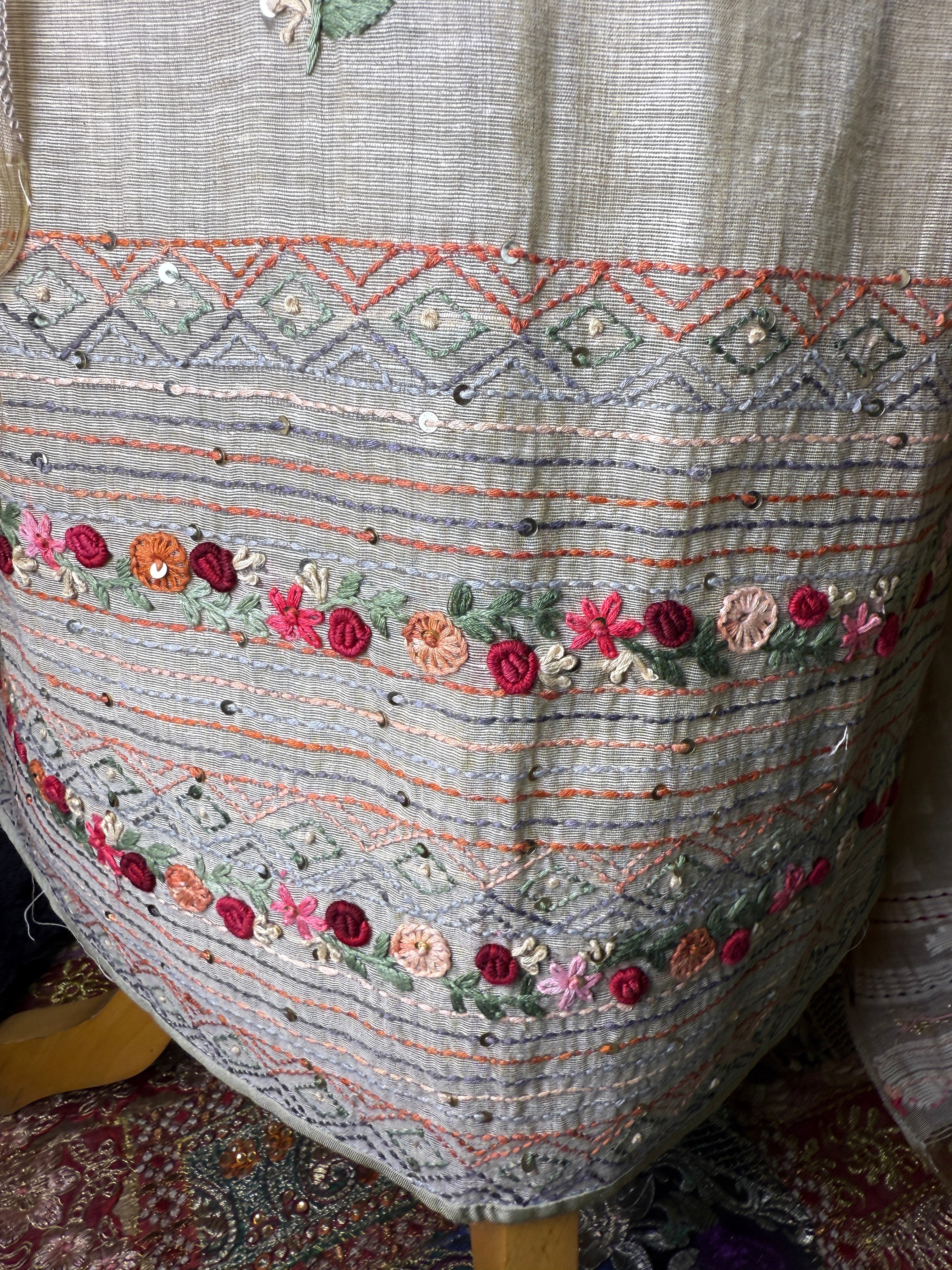 Soft Sage Linen Cotton Unstitched Suit with Floral Thread Work Dupatta