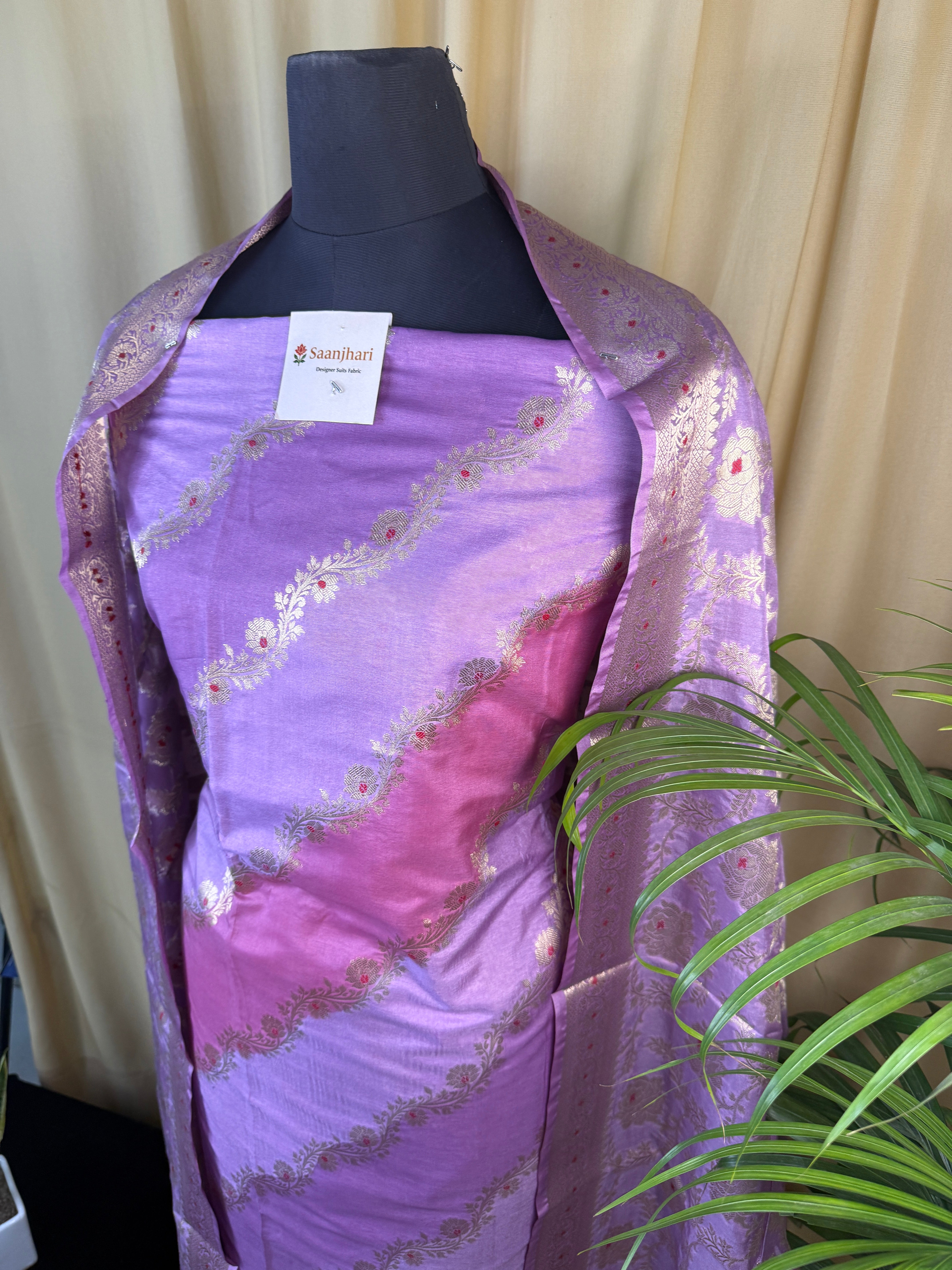 Lavender Banarasi Silk Suit with Fine Zari Floral Pattern and Matching Dupatta
