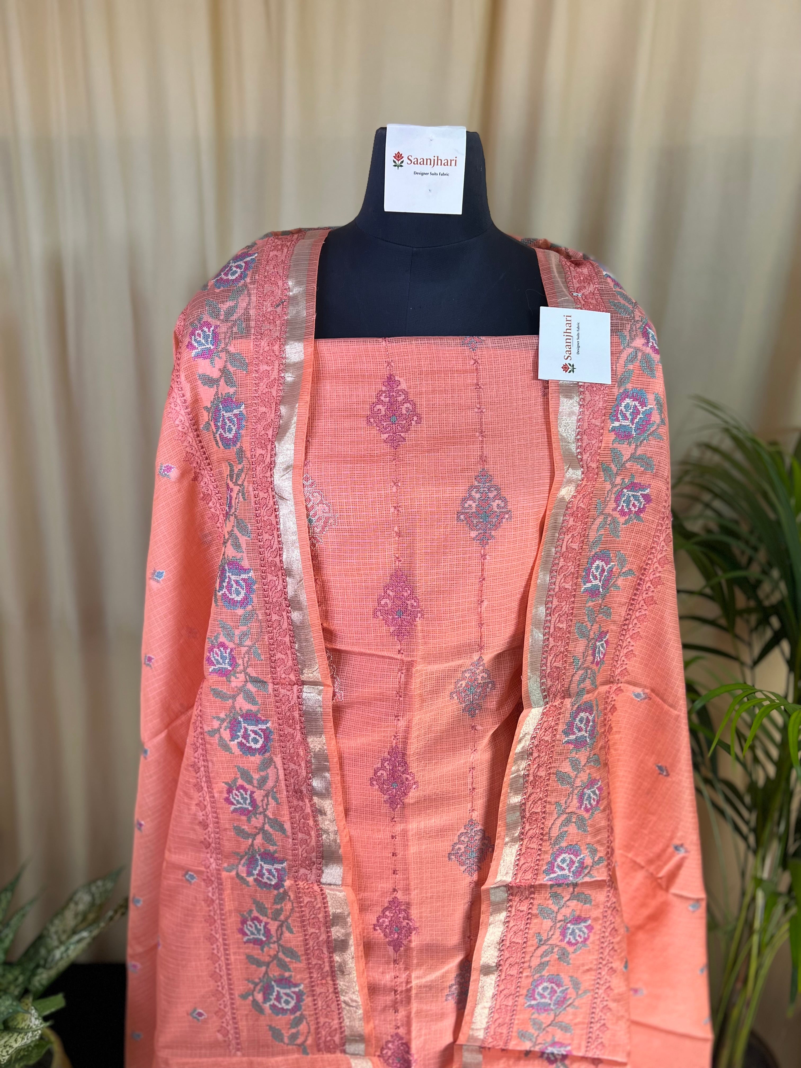 Peach Kota Banarasi Silk Suit with Self Kota Dupatta & Thread Details