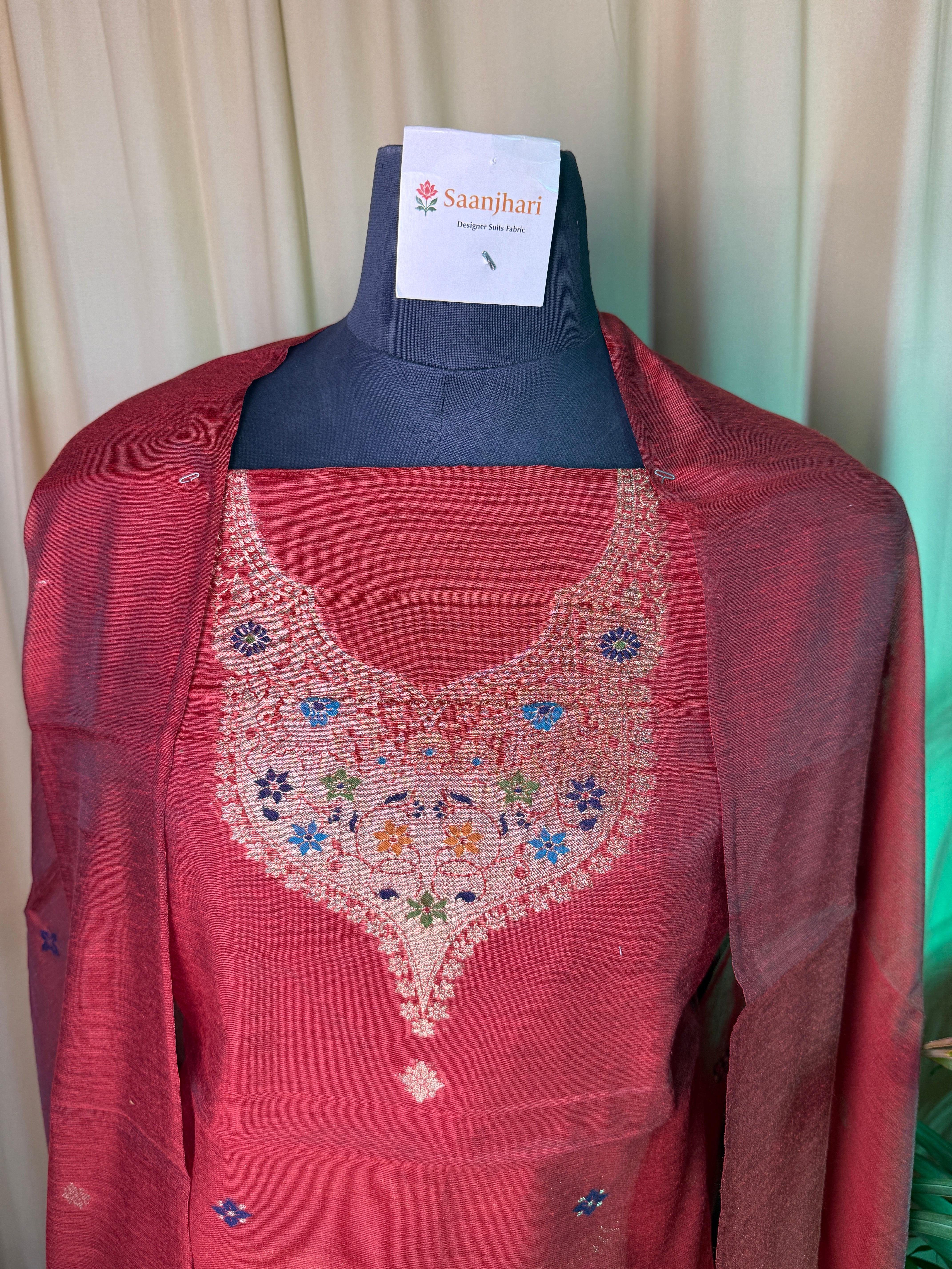 Chanderi  Silk Unstitched Suit with Zari Motifs Dupatta – Elegant Festive Ethnic Wear