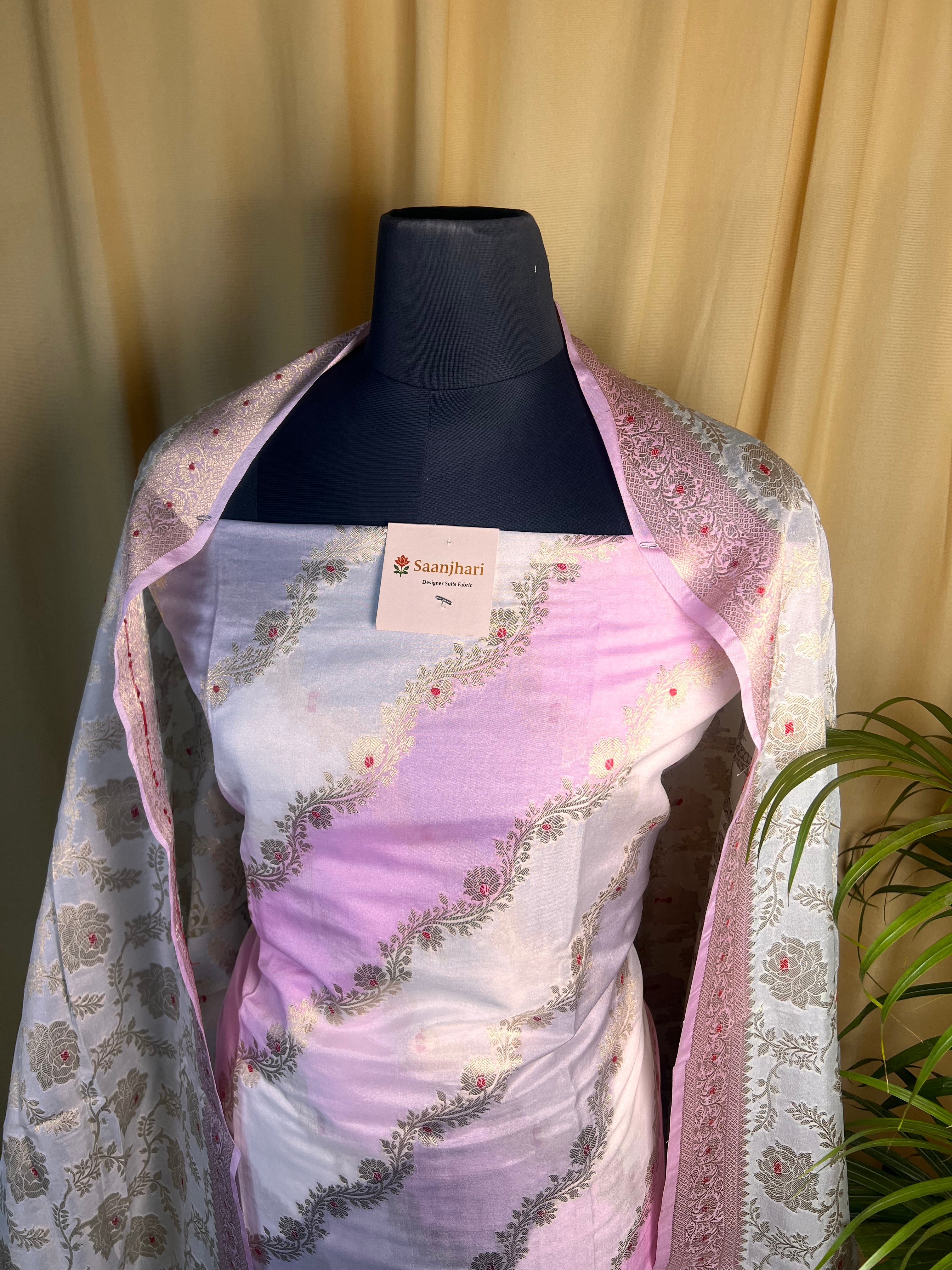 Soft Blush Banarasi Silk Suit with Delicate Zari Flower Weave and Designer Dupatta