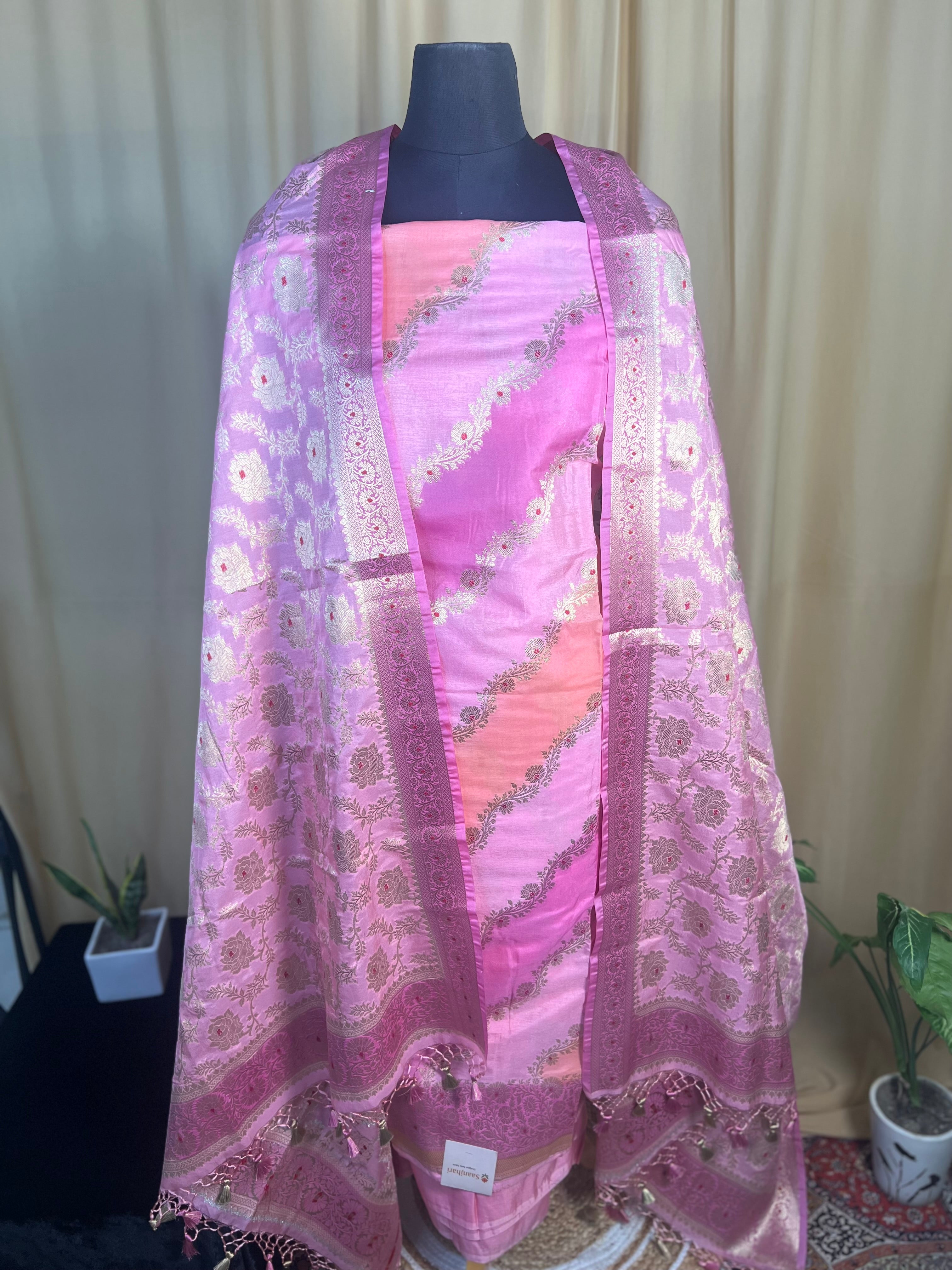 Soft Pink Banarasi Silk Suit With Zari Floral Dupatta