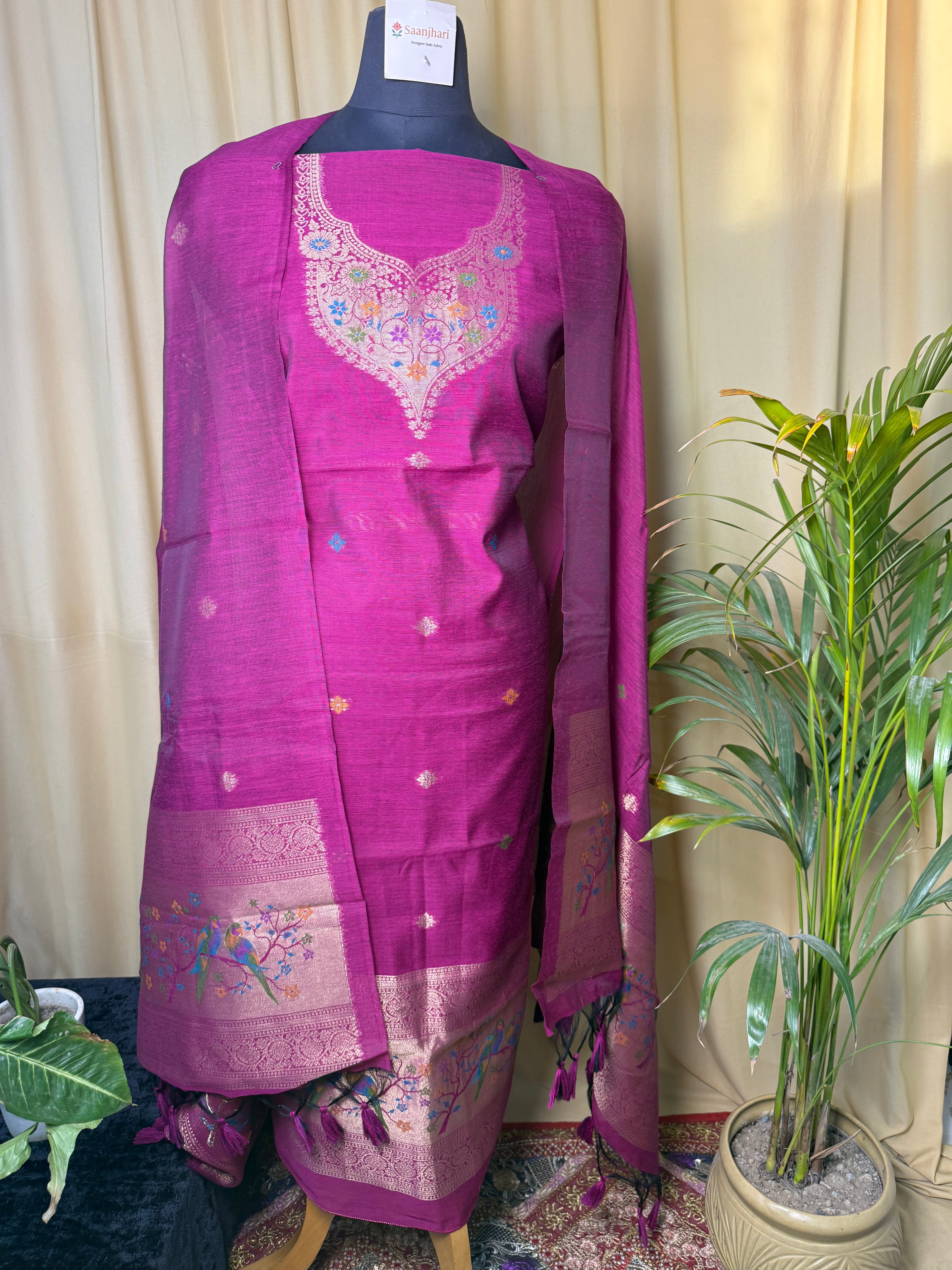 Royal Magenta Chanderi Silk Unstitched Suit – Festive Luxury Set