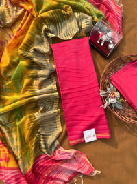 Handcrafted Chanderi Silk Dress Material – Pink & Yellow Tie-Dye Suit with Pure Chanderi Dupatta