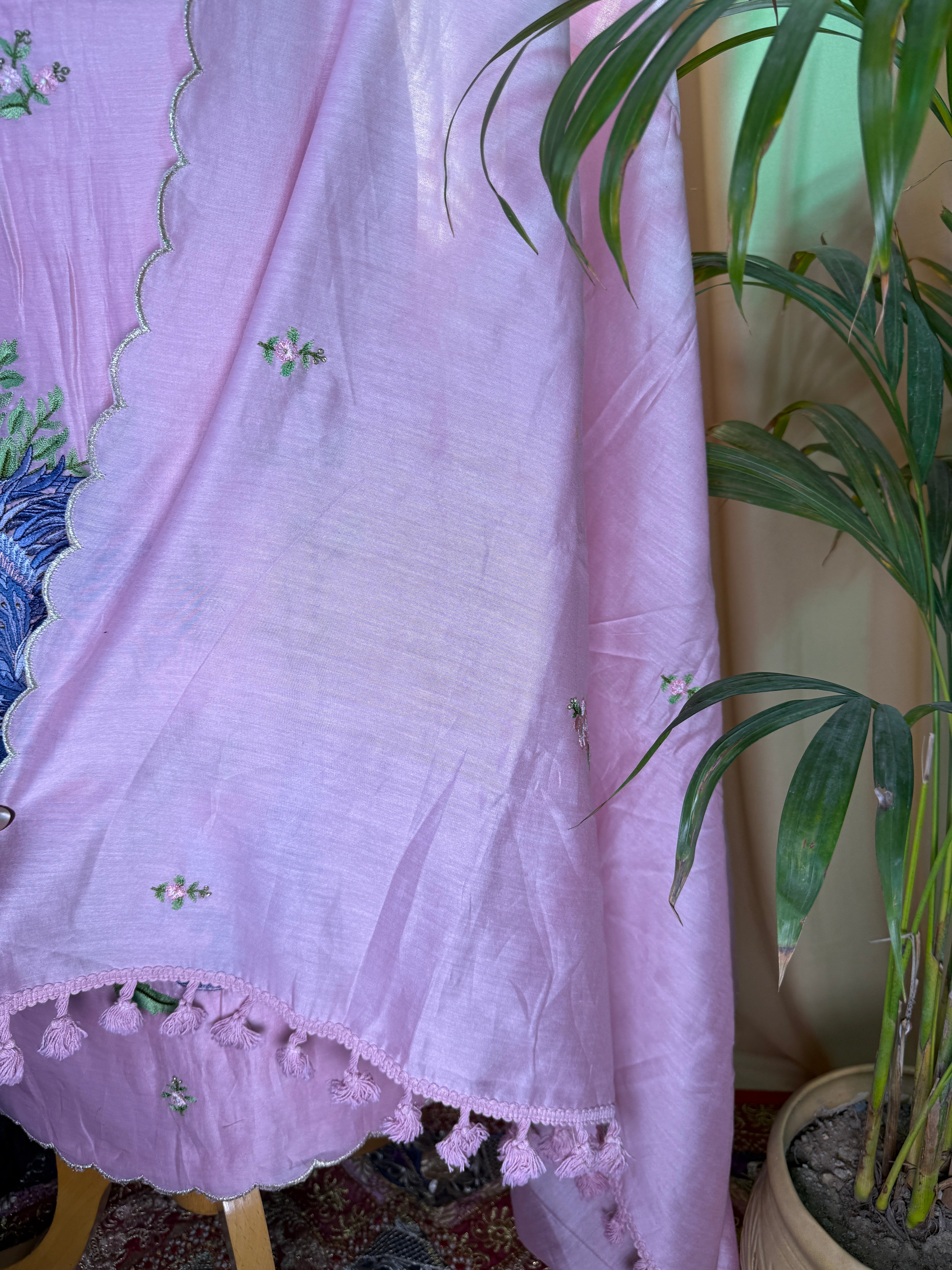 Blush Pink Mul Chanderi Unstitched Suit with Floral Thread Embroidery