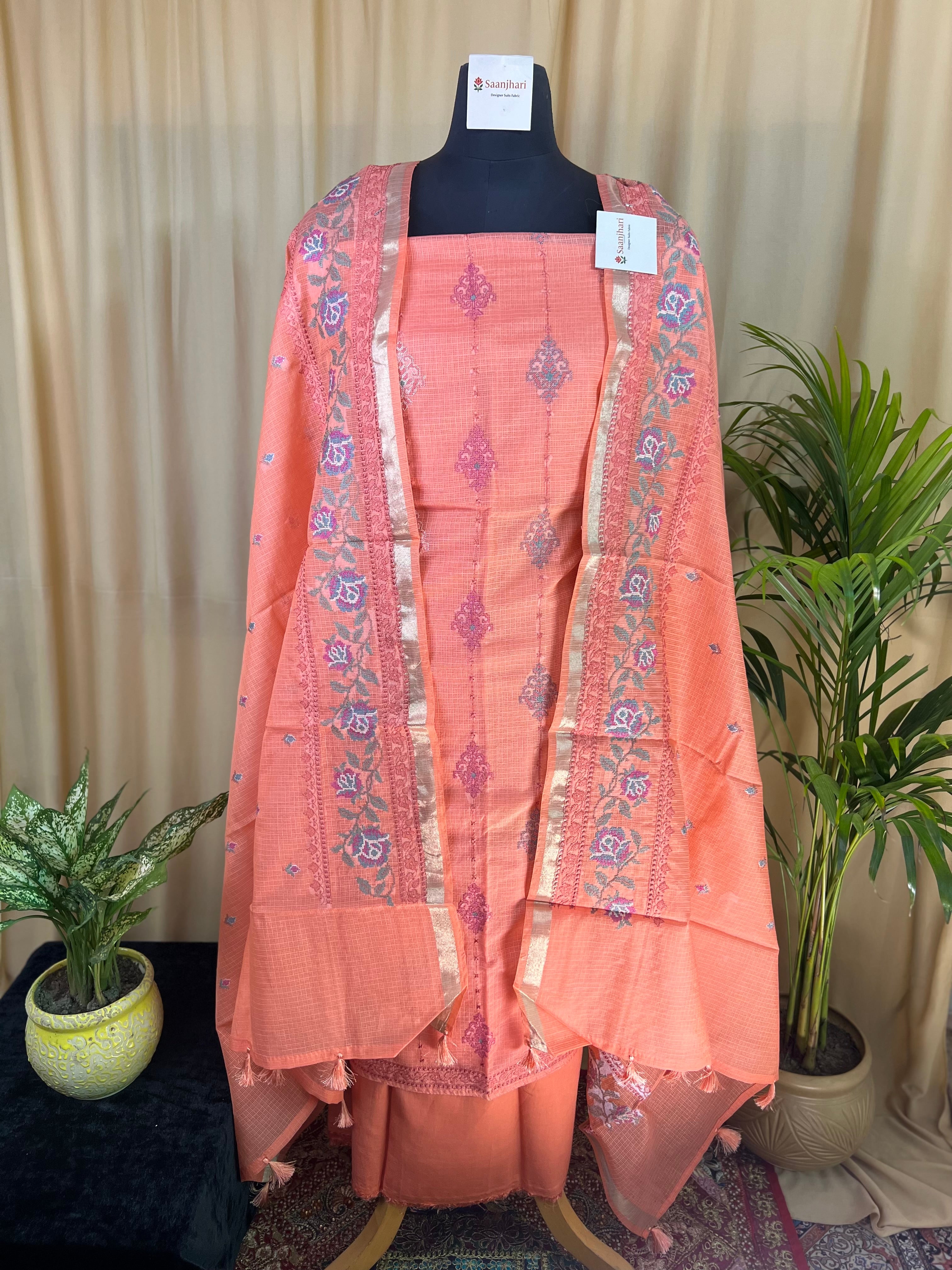 Peach Kota Banarasi Silk Suit with Self Kota Dupatta & Thread Details
