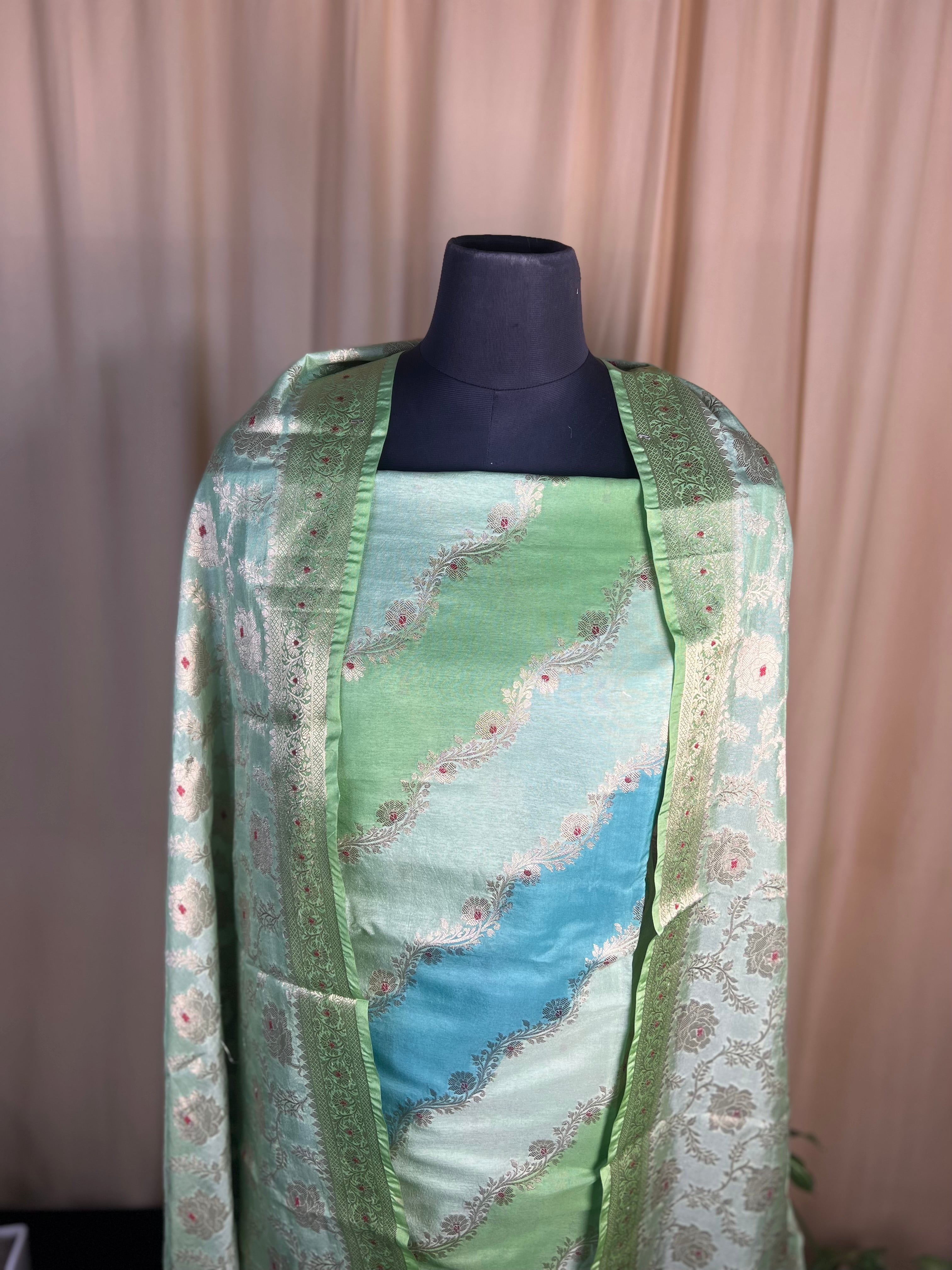 Fresh Green Banarasi Silk Suit With Fine Zari Woven Dupatta