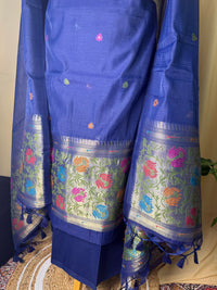 Linen Cotton Blue Suit Set with Printed Border Dupatta – Comfortable Ethnic Wear