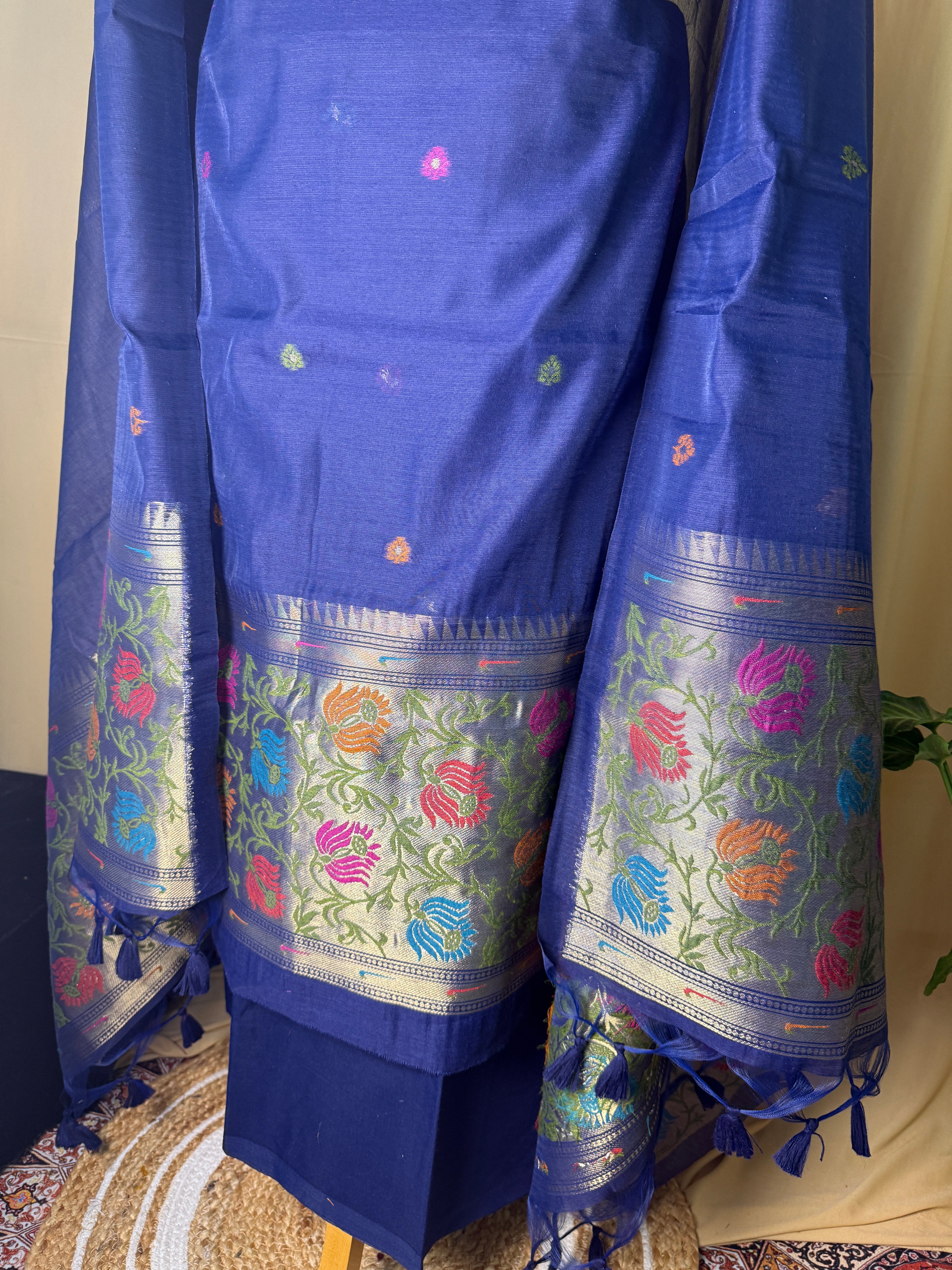 Linen Cotton Blue Suit Set with Printed Border Dupatta – Comfortable Ethnic Wear