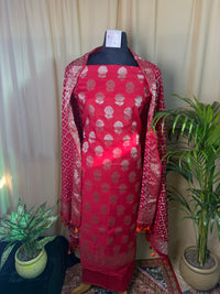 Red Banarasi Silk Suit with Zari Floral Work & Bandhani Dupatta