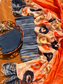 Chanderi Silk Unstitched Suit Set – Blue & Orange 3-Piece Ensemble with Abstract Printed Dupatta