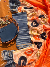 Chanderi Silk Unstitched Suit Set – Blue & Orange 3-Piece Ensemble with Abstract Printed Dupatta