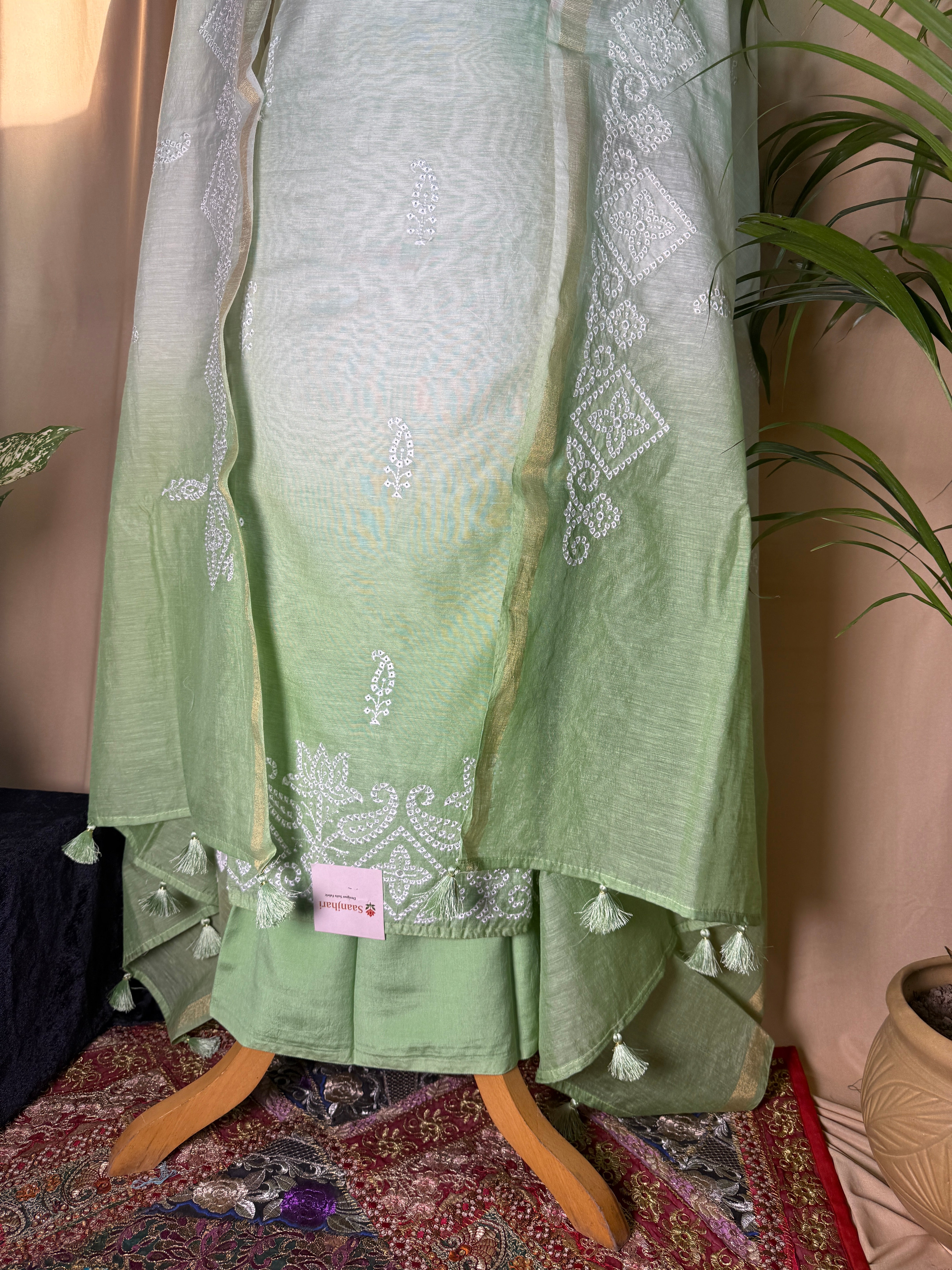 Light Green Linen Cotton Suit with Fine Thread Details