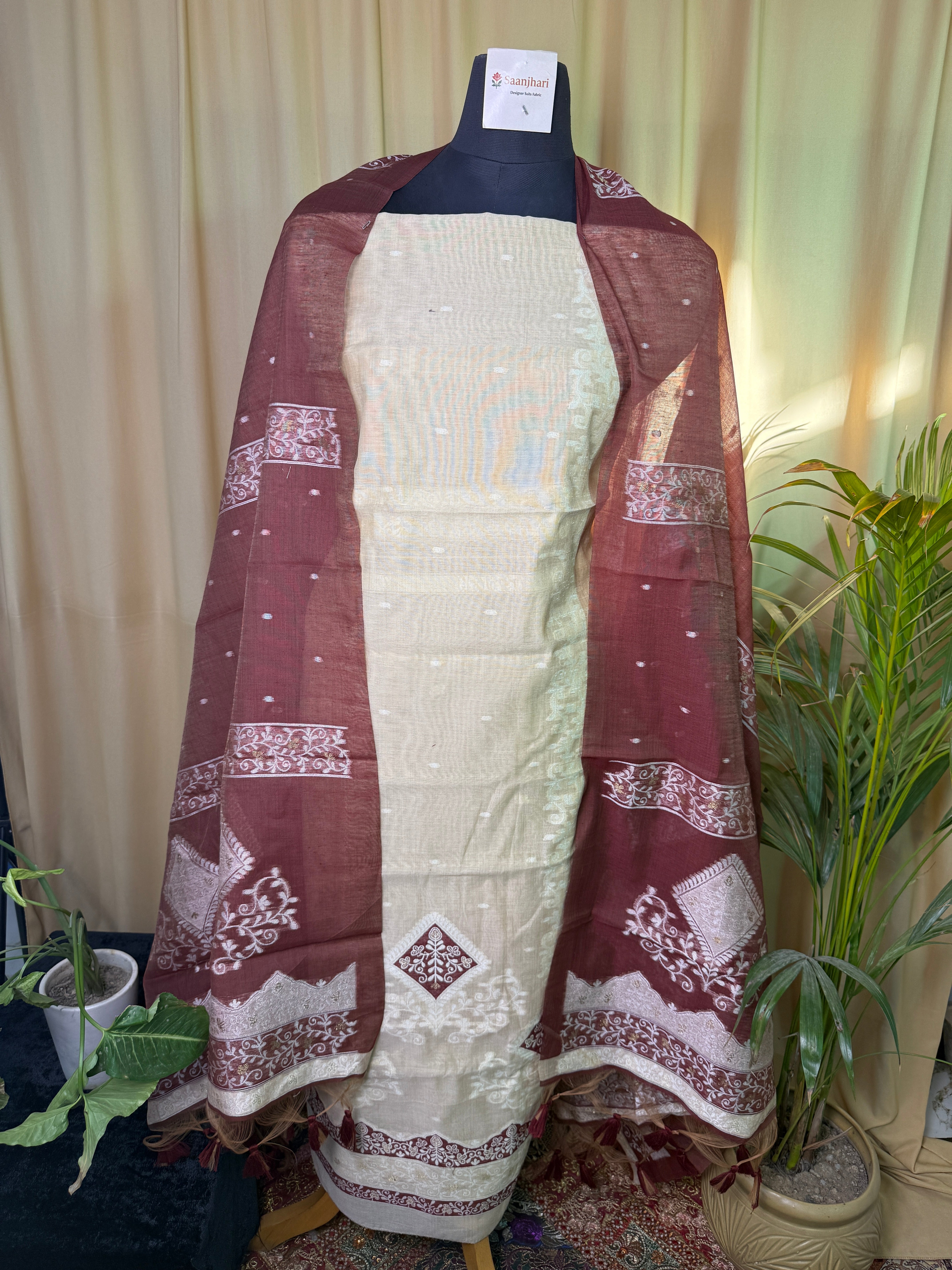 Cream chanderi Suit with Jamdani Dupatta – Handcrafted Classic Ethnic Set