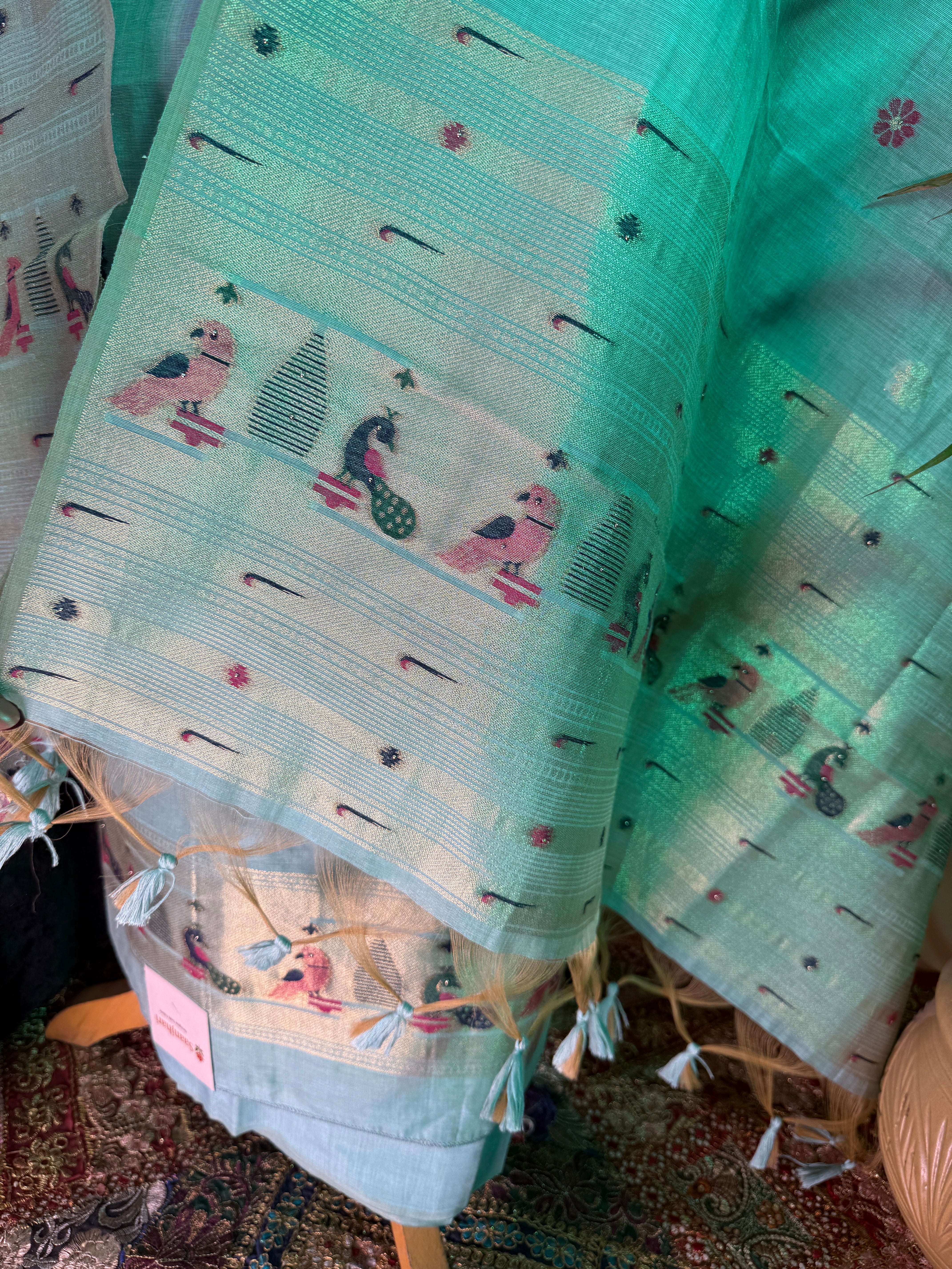 Premium Chanderi Silk Unstitched Suit with Zari Motifs & Paithani Work Dupatta