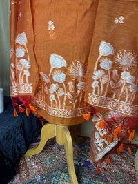Rust Orange Linen Cotton Suit with Woven Floral Border & Tassel Dupatta