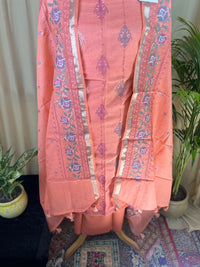 Peach Kota Banarasi Silk Suit with Self Kota Dupatta & Thread Details