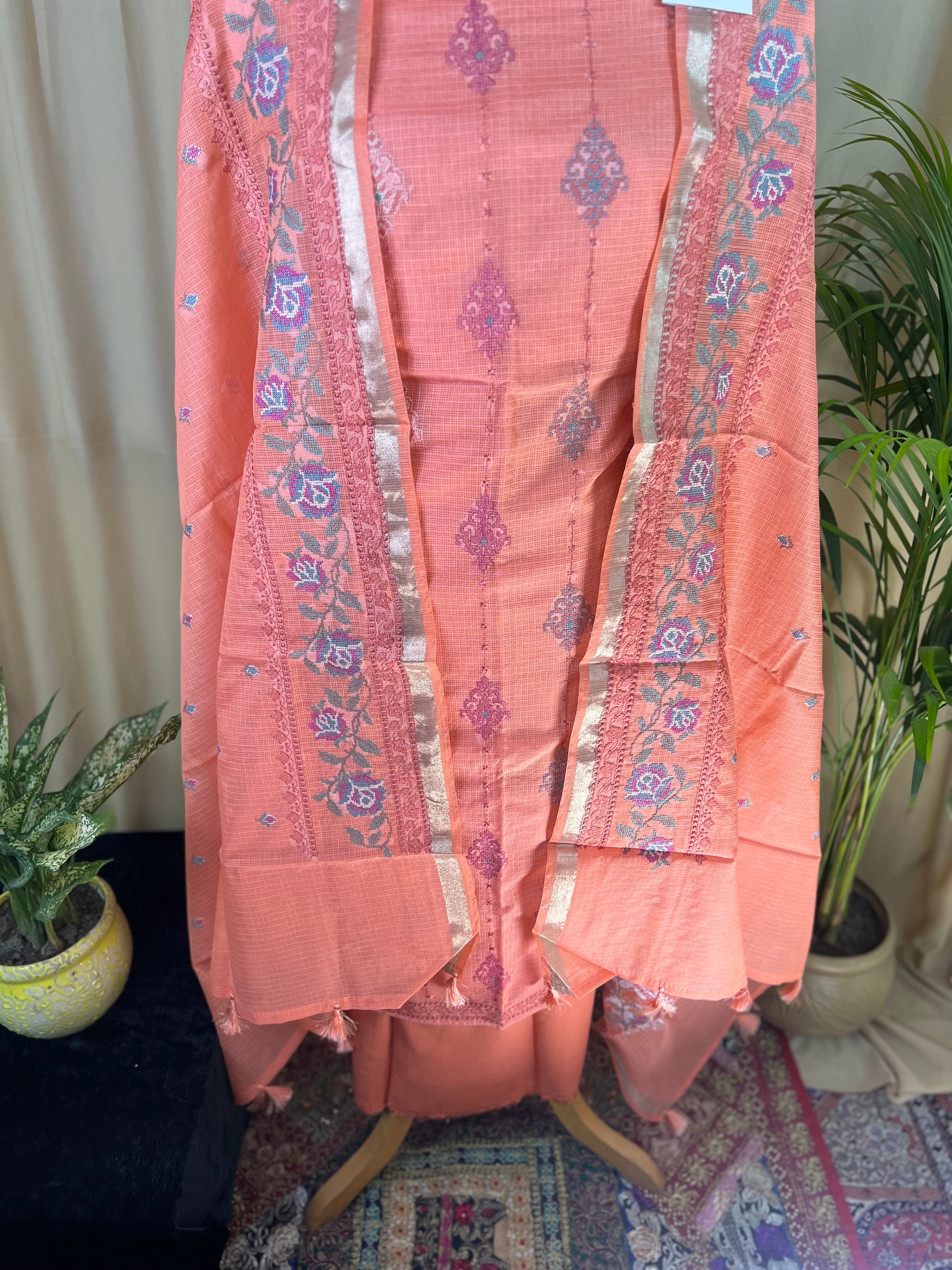 Peach Kota Banarasi Silk Suit with Self Kota Dupatta & Thread Details