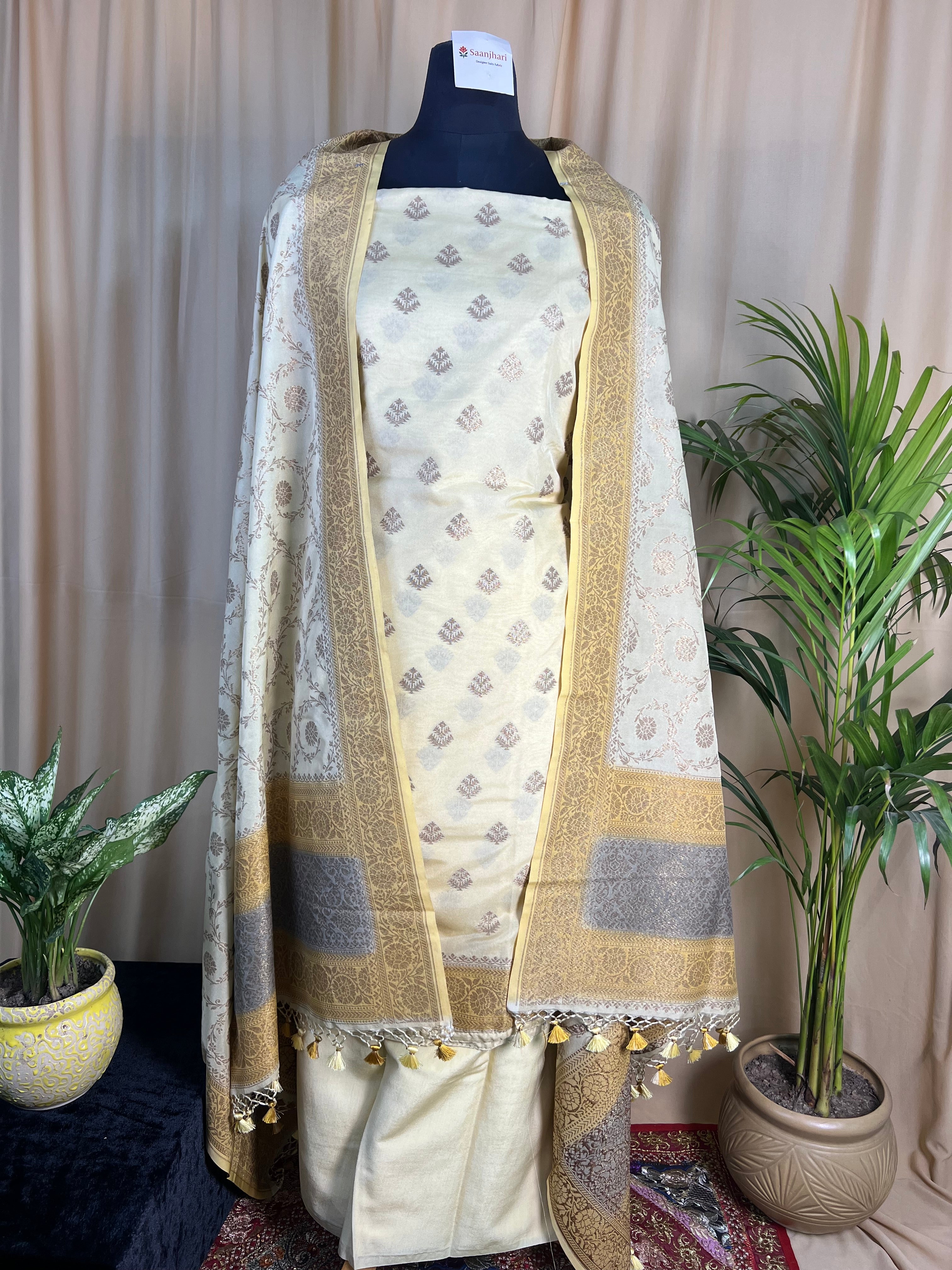 Yellow Banarasi Silk Unstitched Suit with Zari Motif Dupatta
