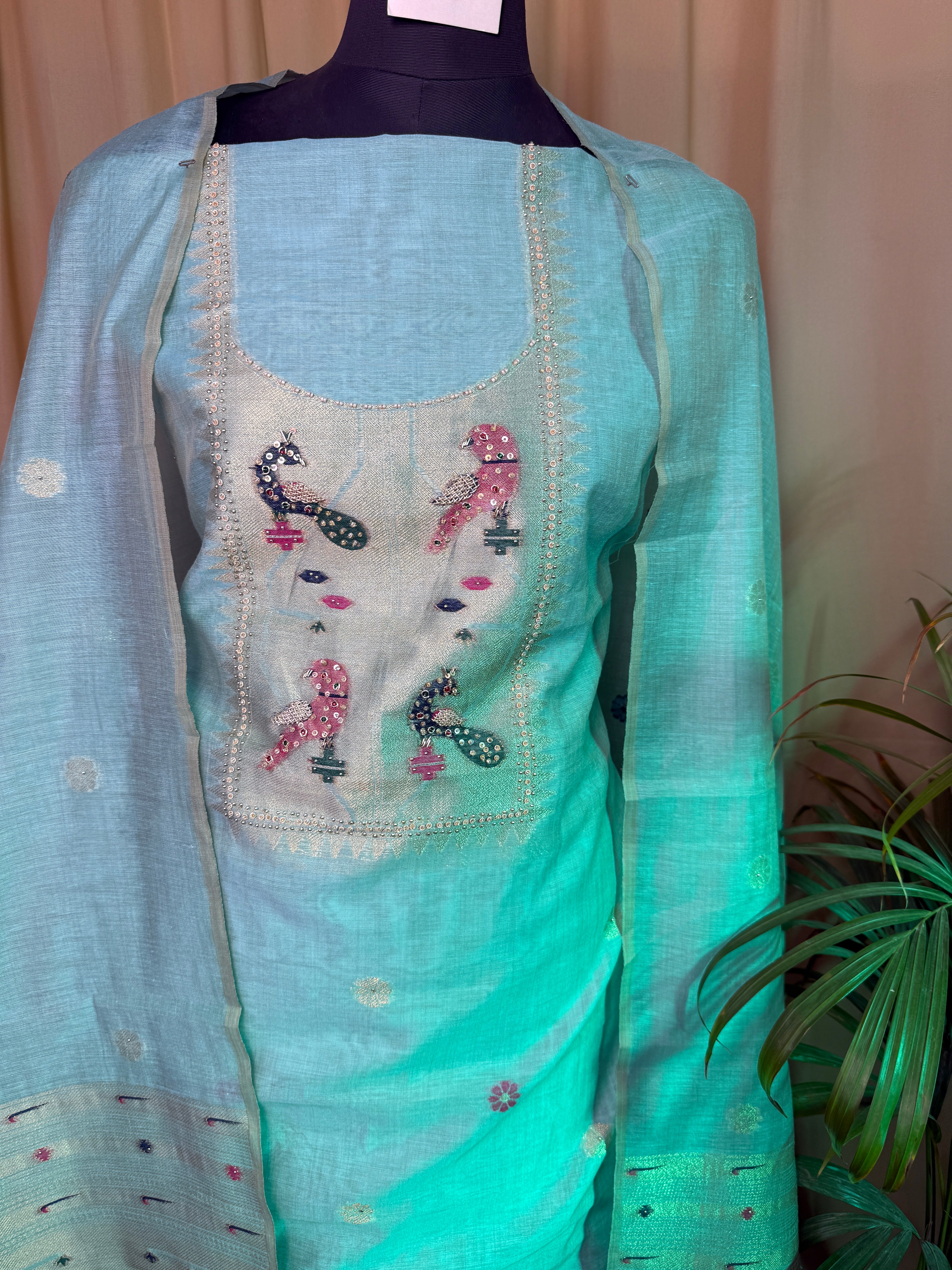Premium Chanderi Silk Unstitched Suit with Zari Motifs & Paithani Work Dupatta