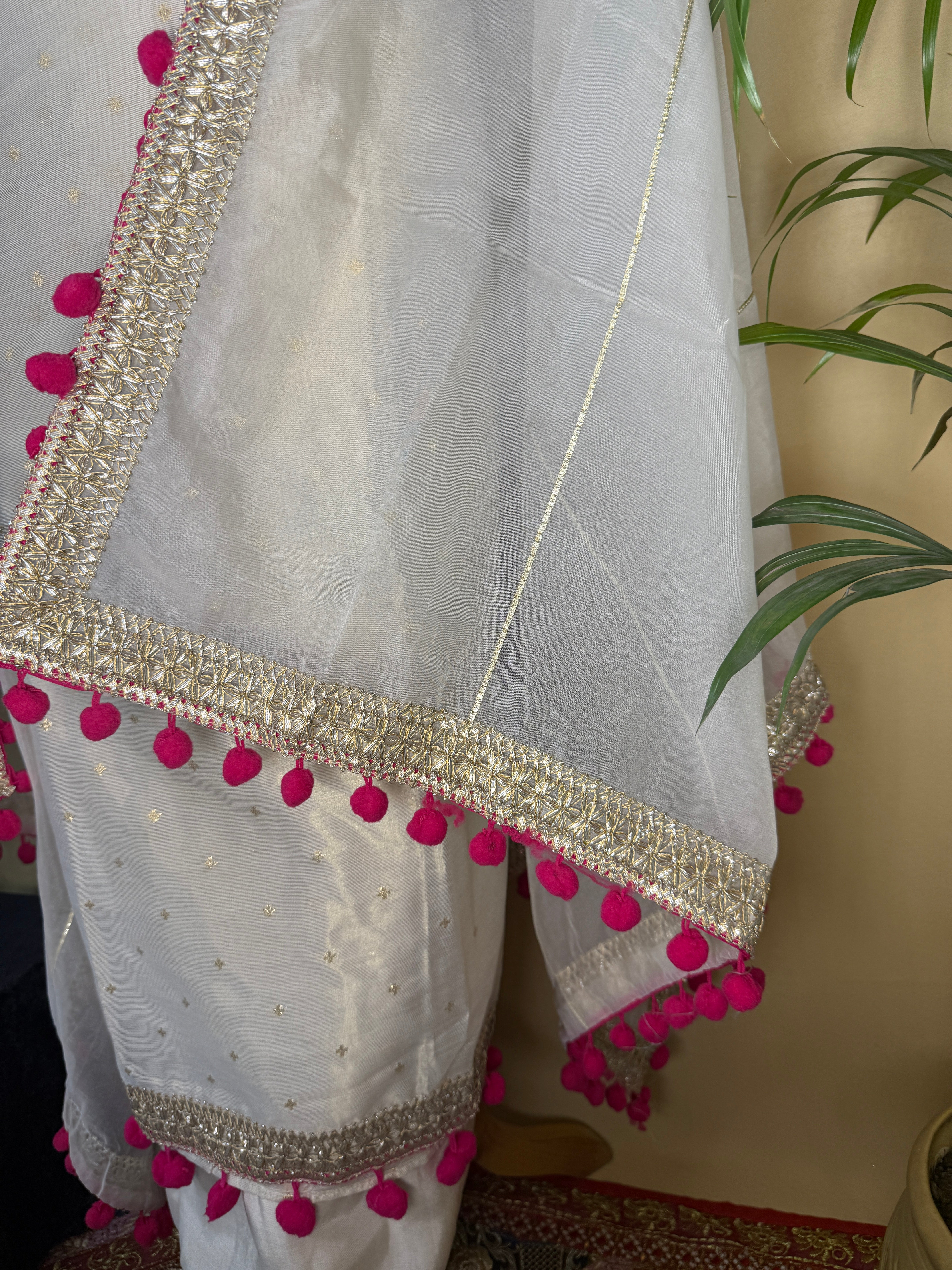 White Organza Suit with Mirror Work & Organza Dupatta