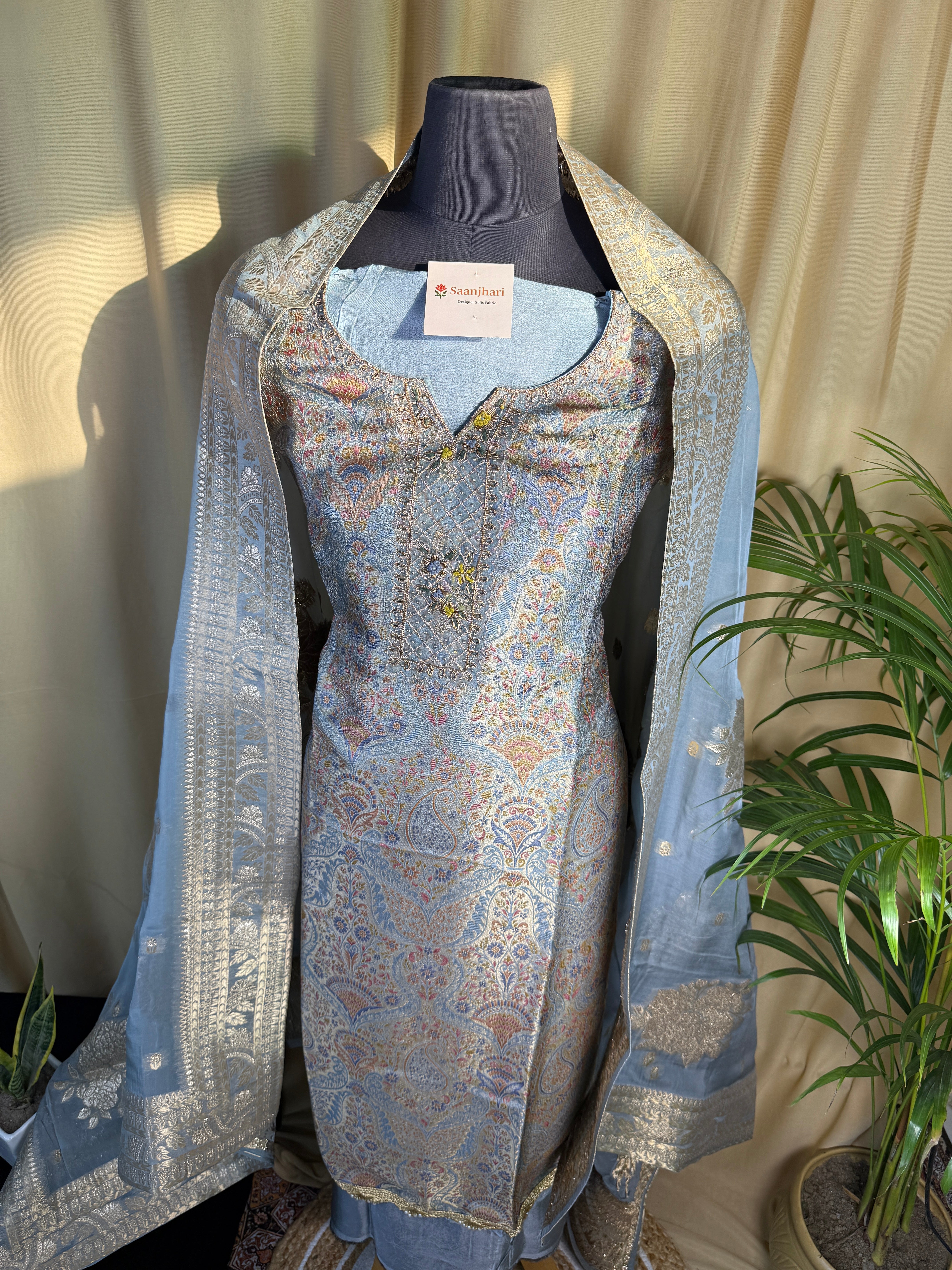 Light Blue Banarasi Silk Suit with Soft Organza Dupatta for Festive Wear