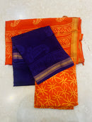 Royal Blue Maheshwari Silk Dupatta with Orange Handblock Print Suit Material
