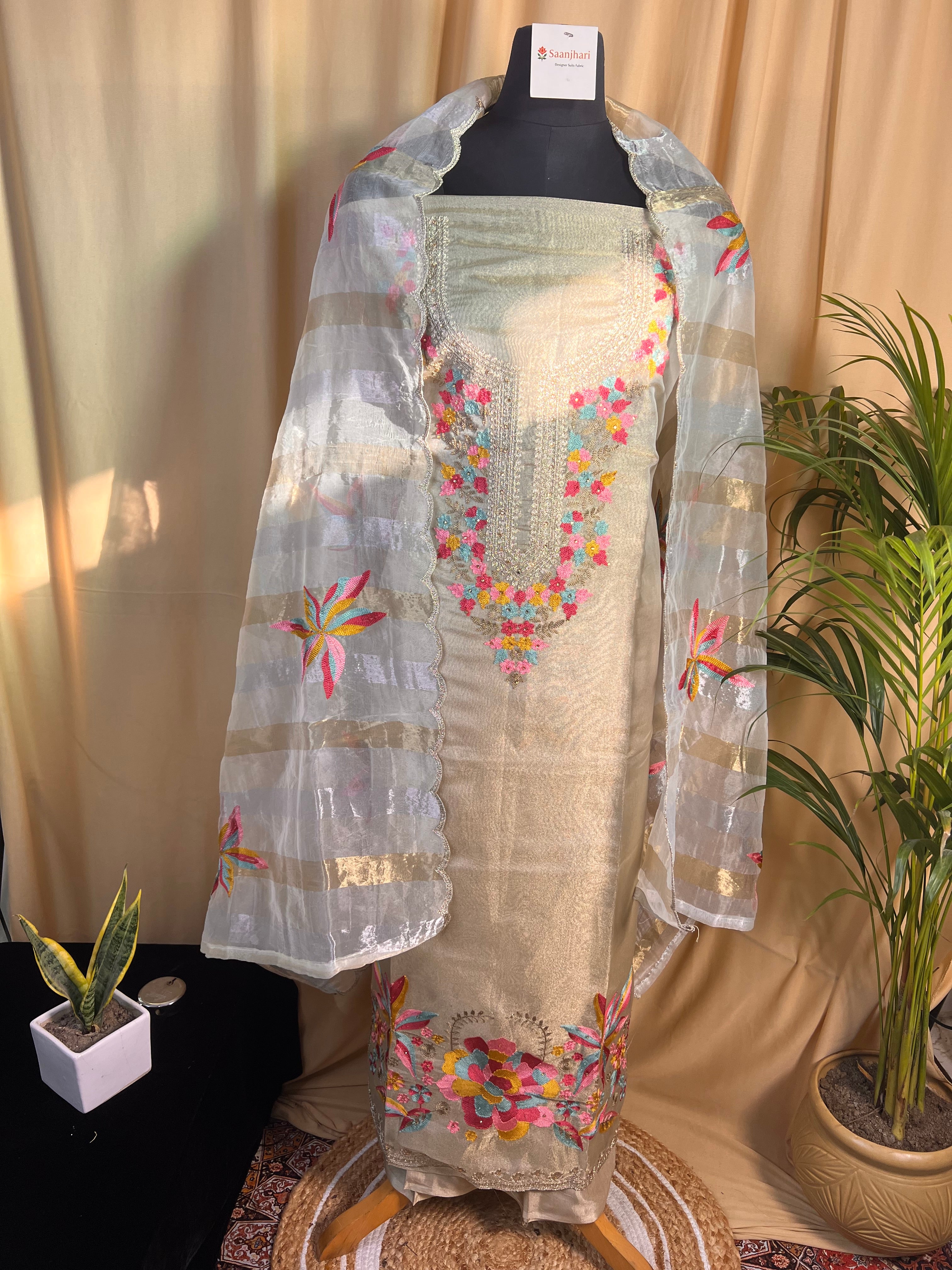 Golden Tissue Organza Zari Embroidered Suit with Floral Work