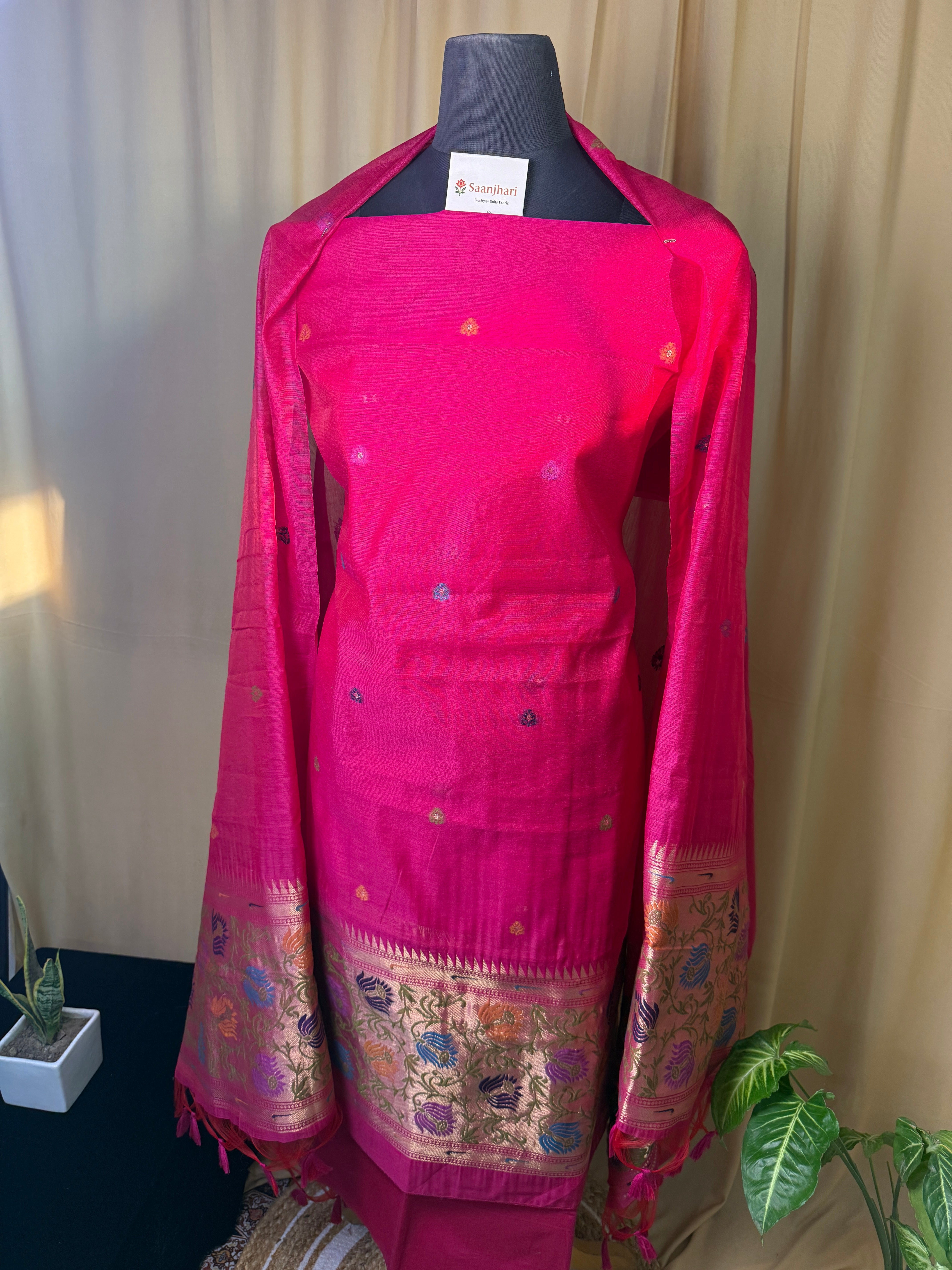 Pink Linen Cotton Ethnic Suit Material with Designer Border Dupatta