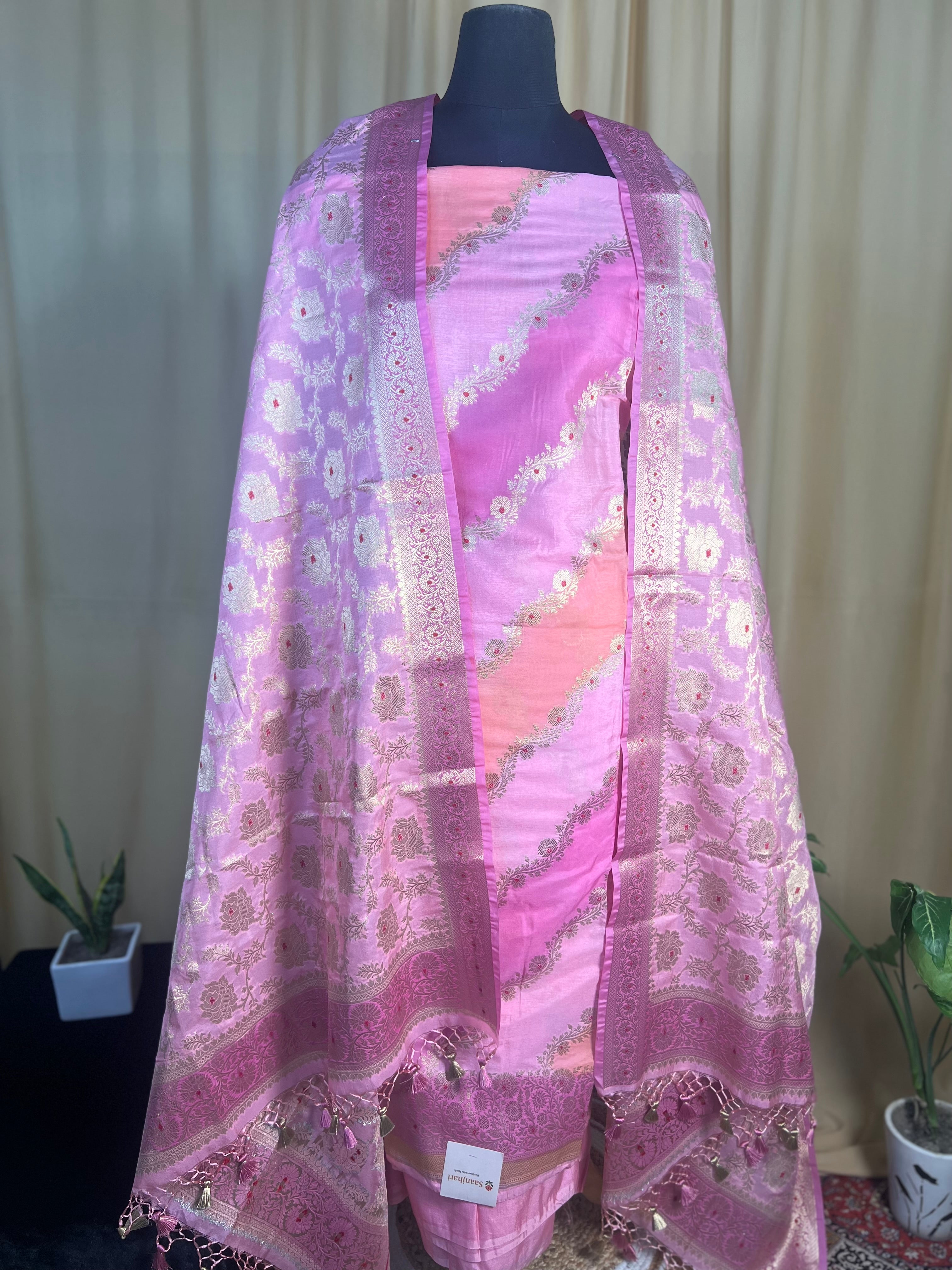 Soft Pink Banarasi Silk Suit With Zari Floral Dupatta